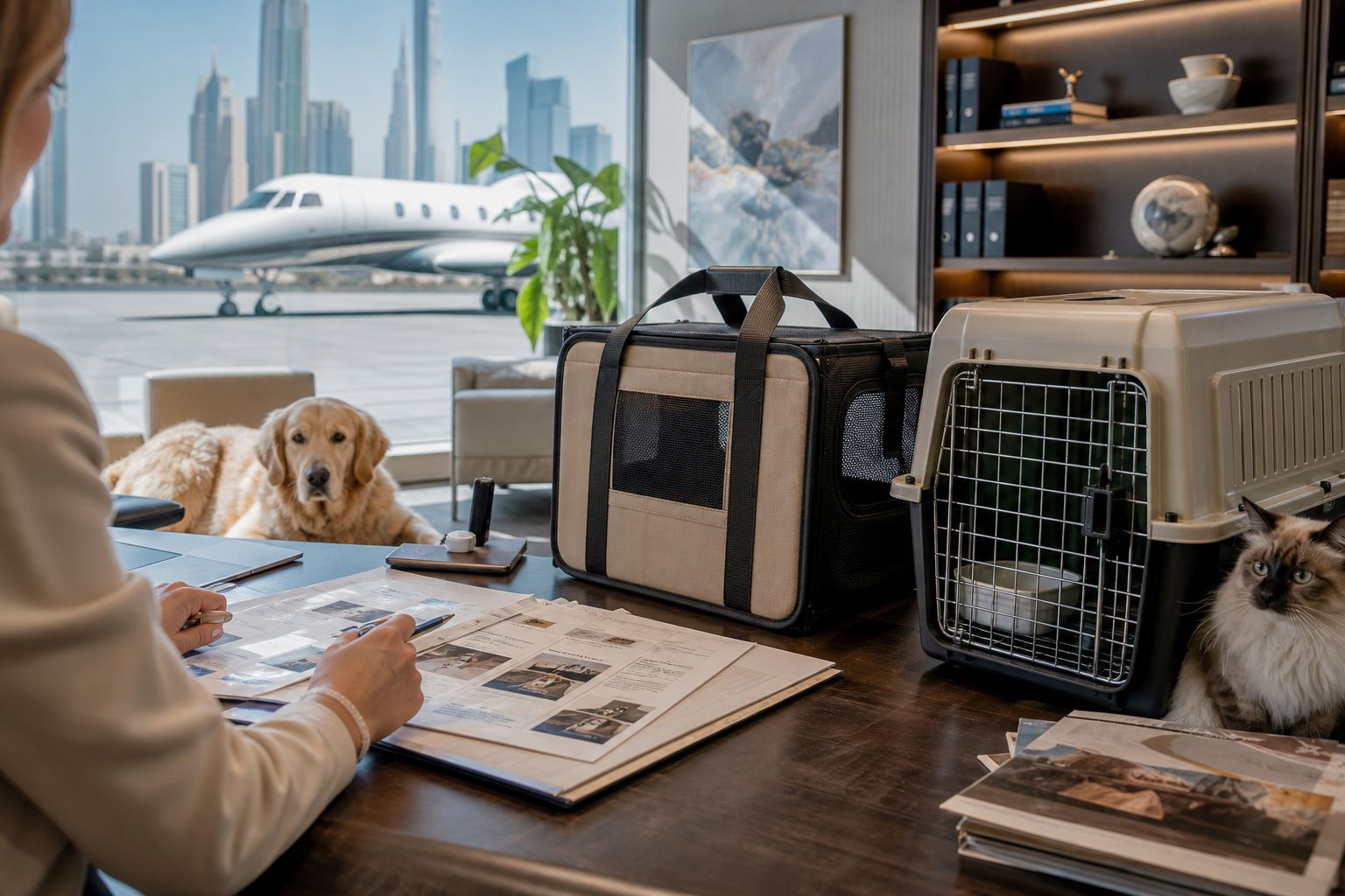 A coordinator comparing cabin, cargo and charter options for flying a pet to or from Dubai