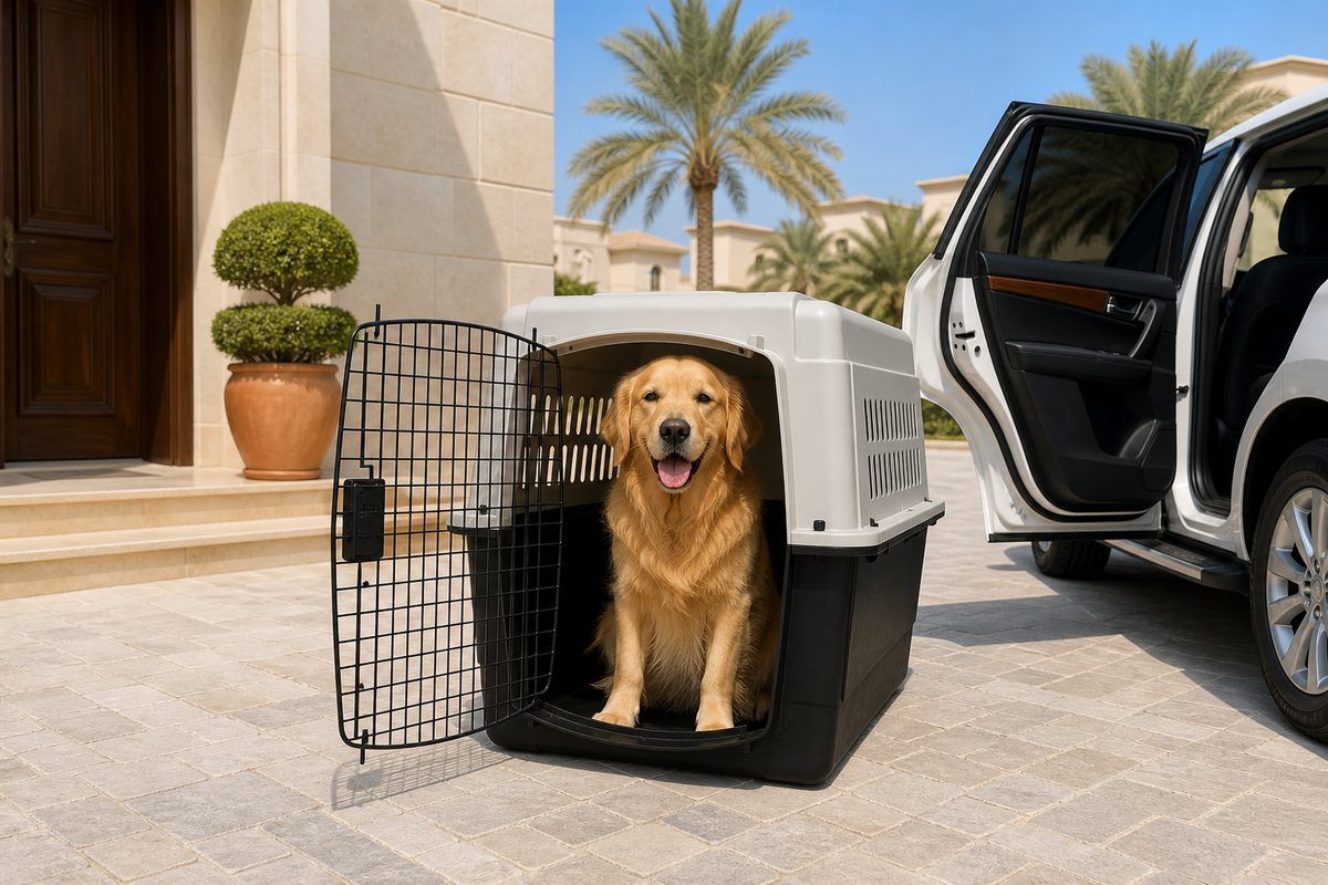 A golden retriever sitting in an open travel crate on a Dubai villa driveway before door-to-door relocation