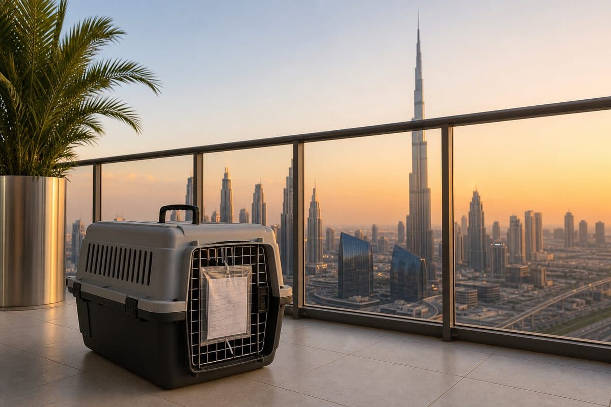 Travel crate with documents on a Dubai balcony overlooking the skyline