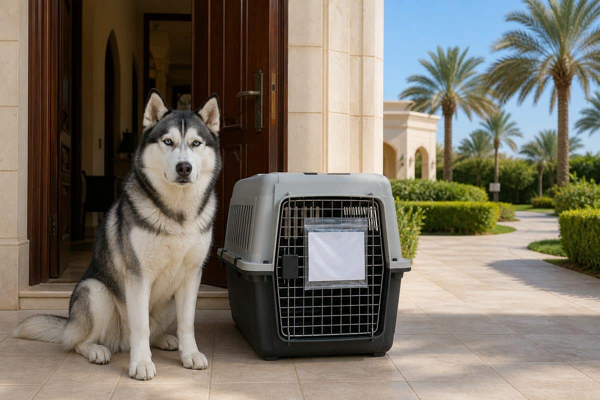 A husky sitting beside a packed travel crate at a Dubai villa doorway before export