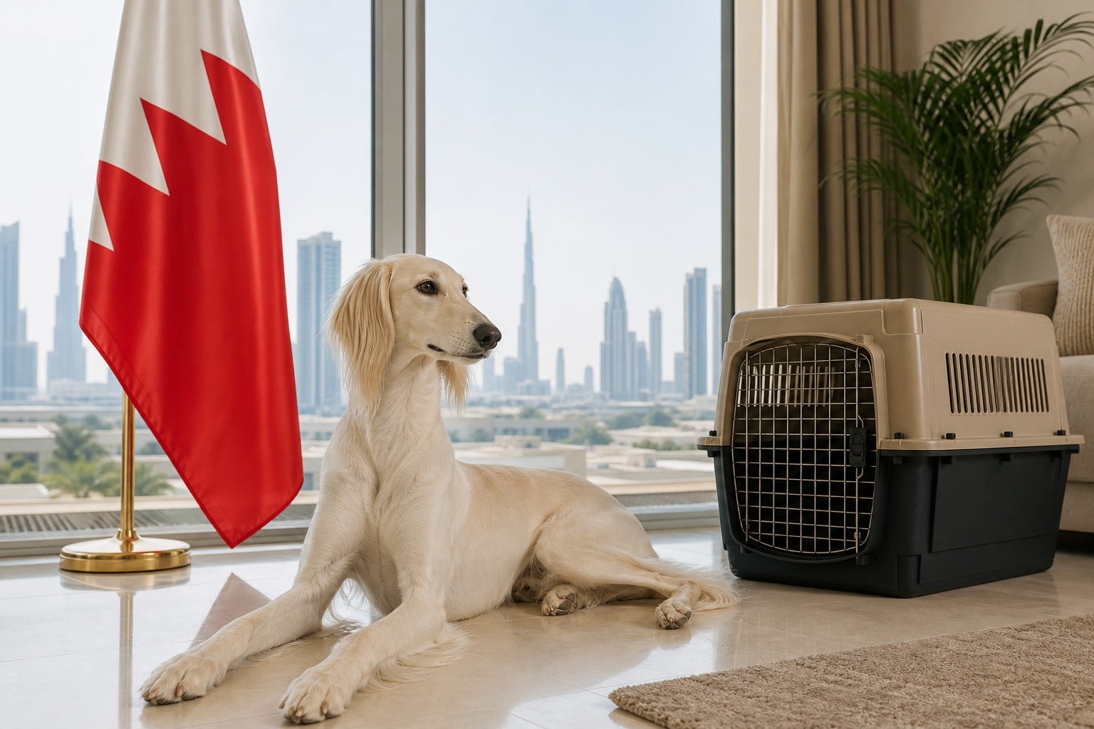 Dog with Bahraini flag cue ready for pet relocation from Bahrain to Dubai