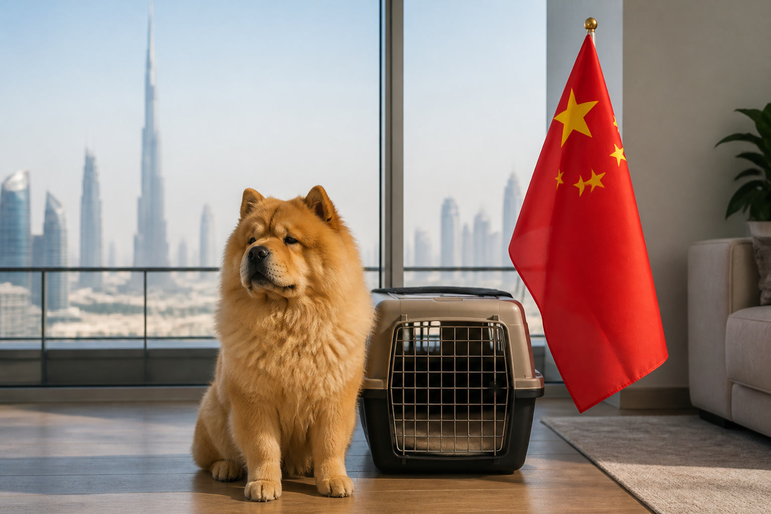 Dog with Chinese flag cue ready for pet relocation from China to Dubai