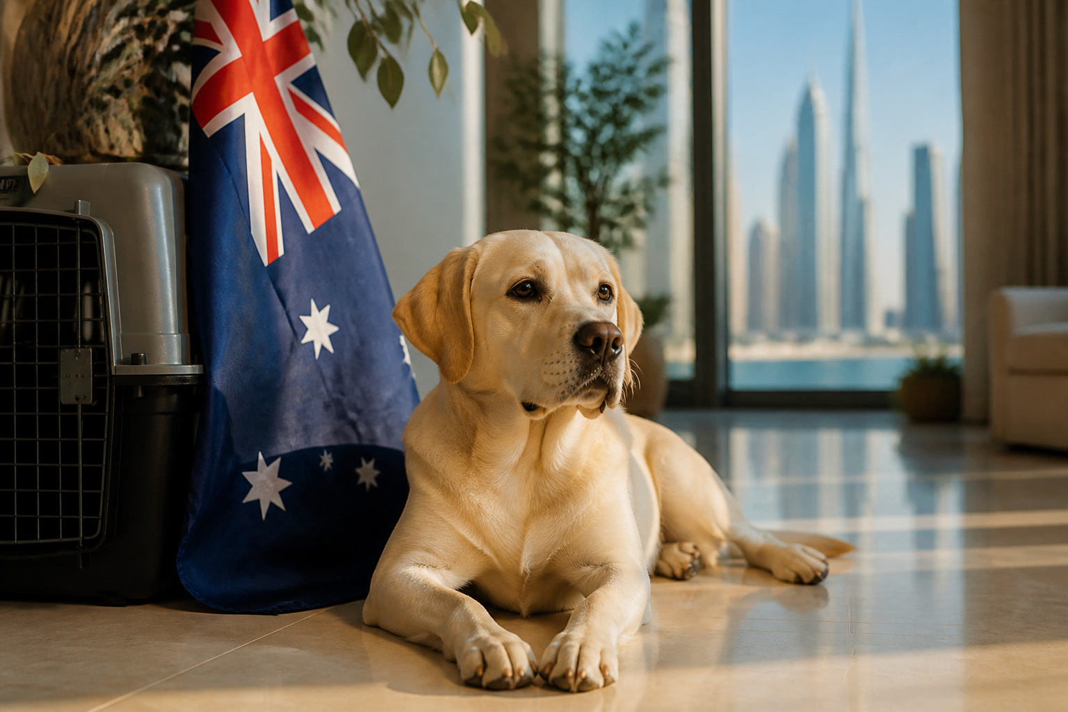 Dog with Australian flag cue ready for export from Dubai to Australia