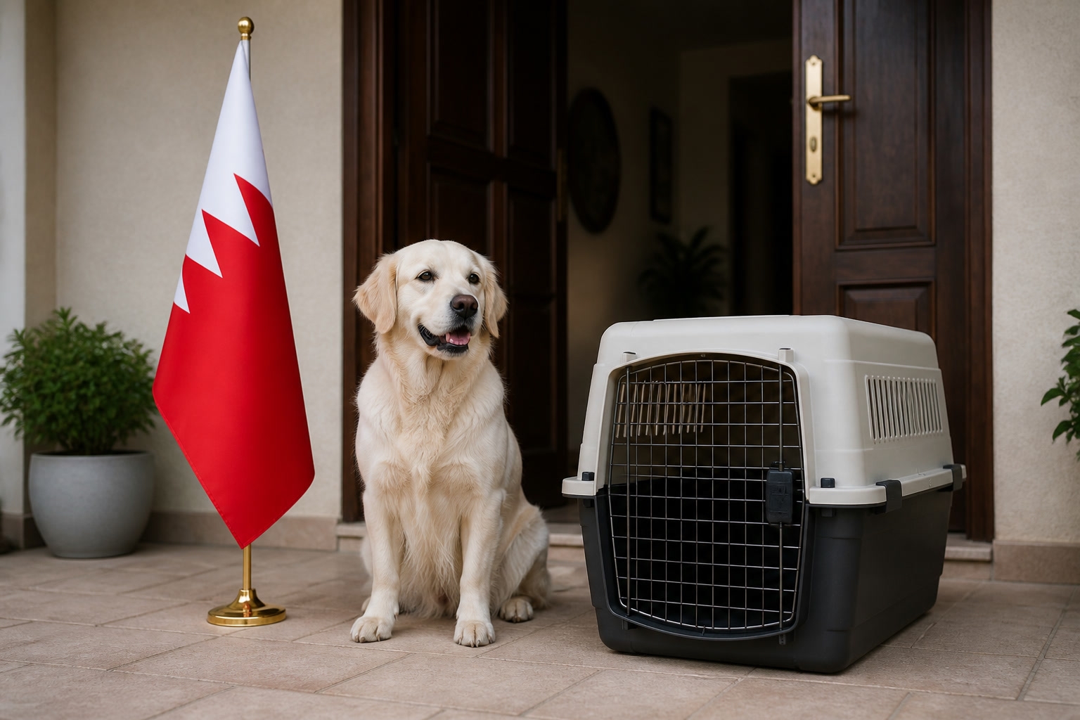 Dog with Bahraini flag cue ready for export from Dubai to Bahrain