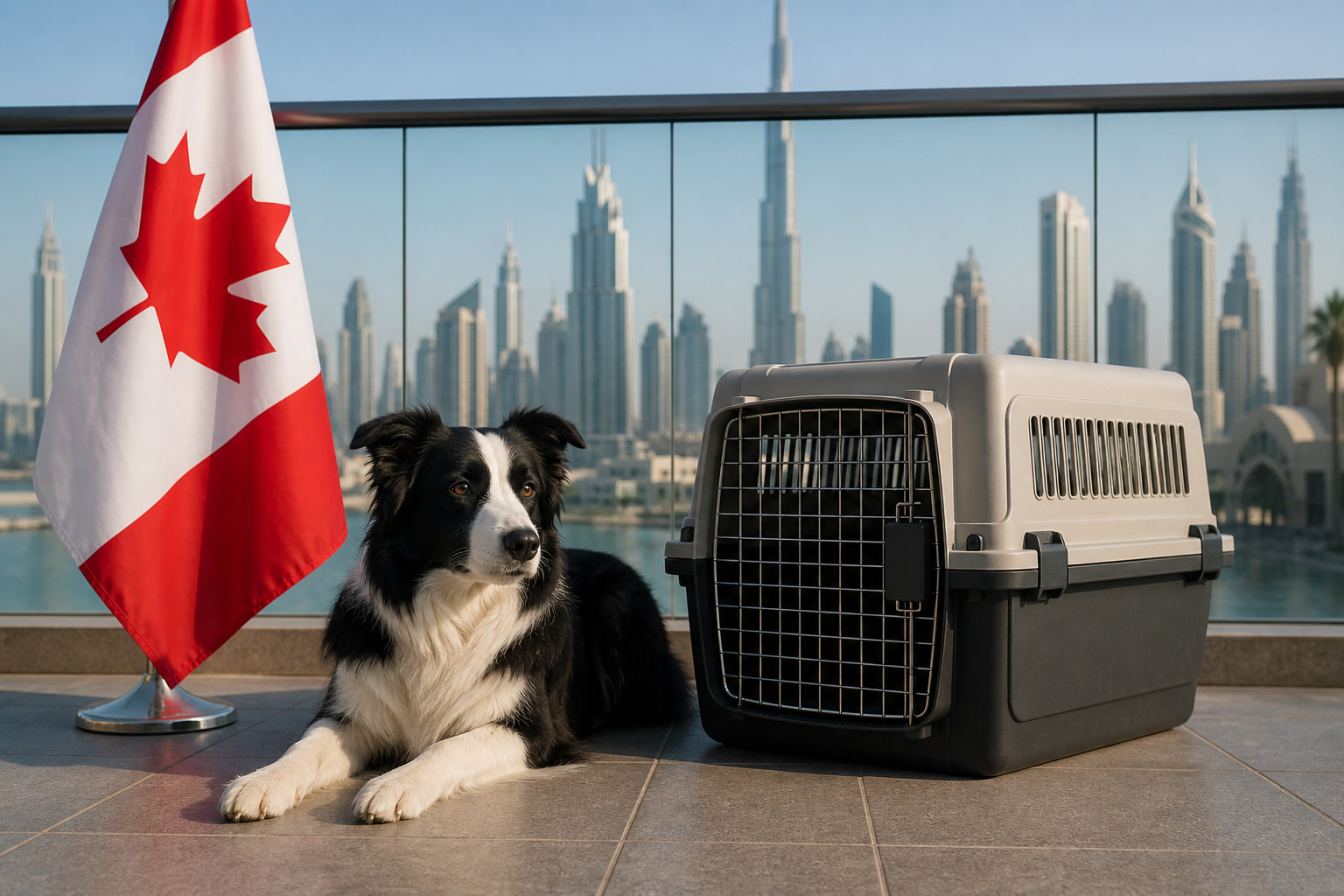 Dog with Canadian flag cue ready for export from Dubai to Canada