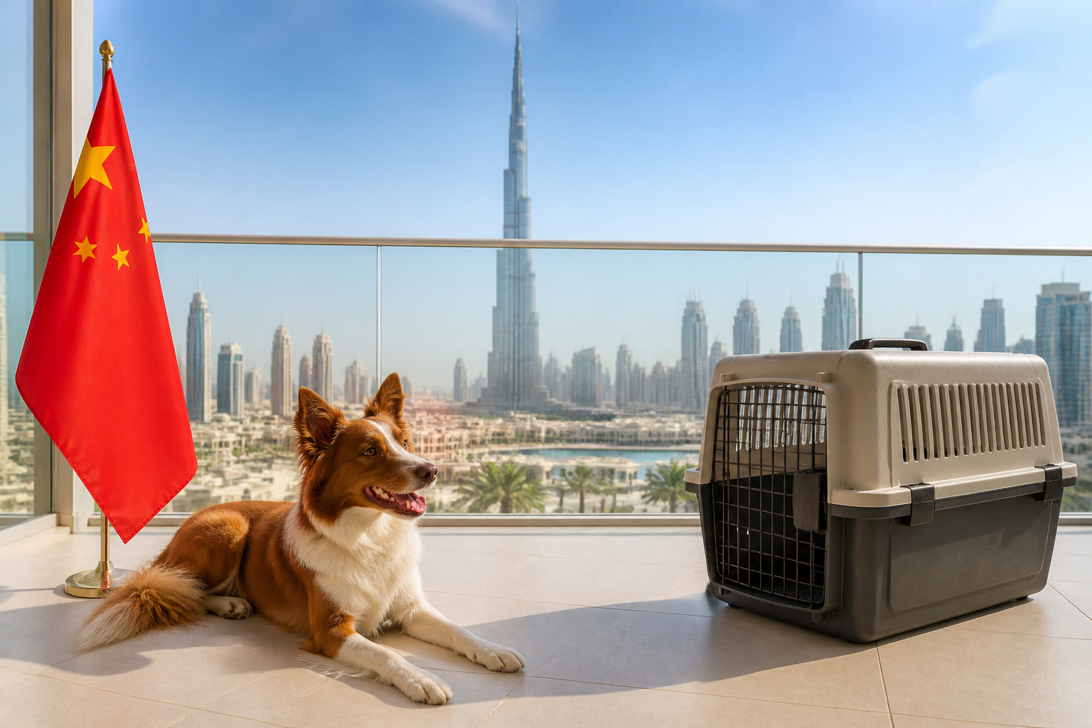 Dog with Chinese flag cue ready for export from Dubai to China