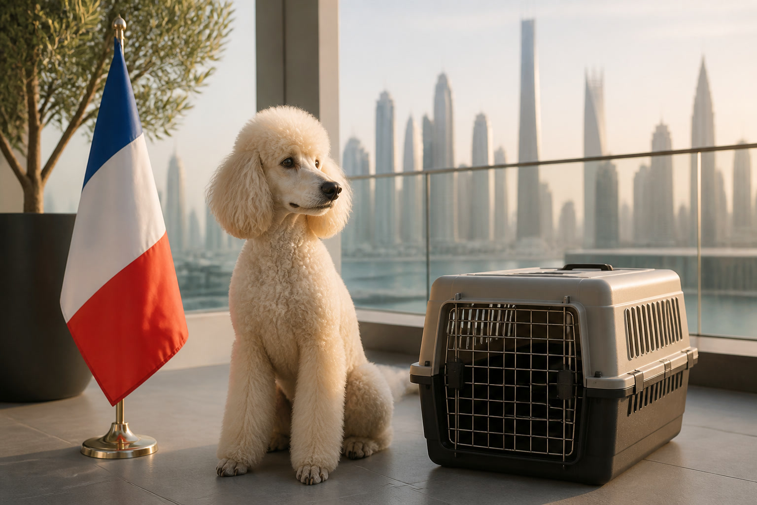 Dog with French flag cue ready for export from Dubai to France