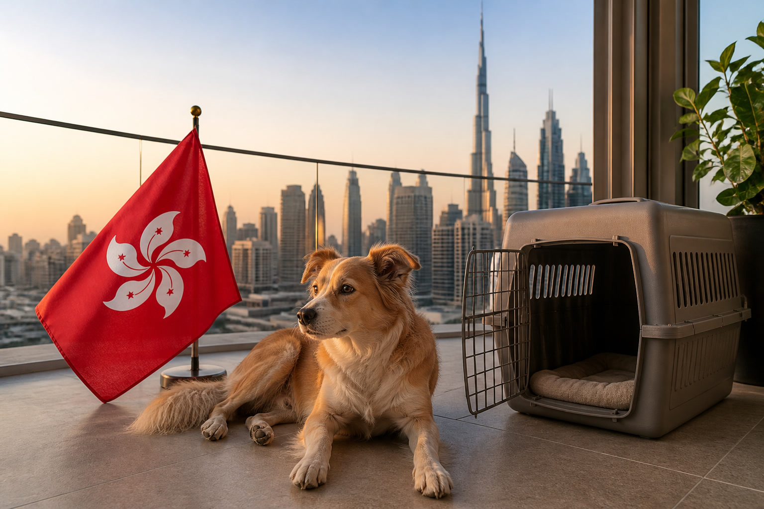 Dog with Hong Kong flag cue ready for export from Dubai to Hong Kong