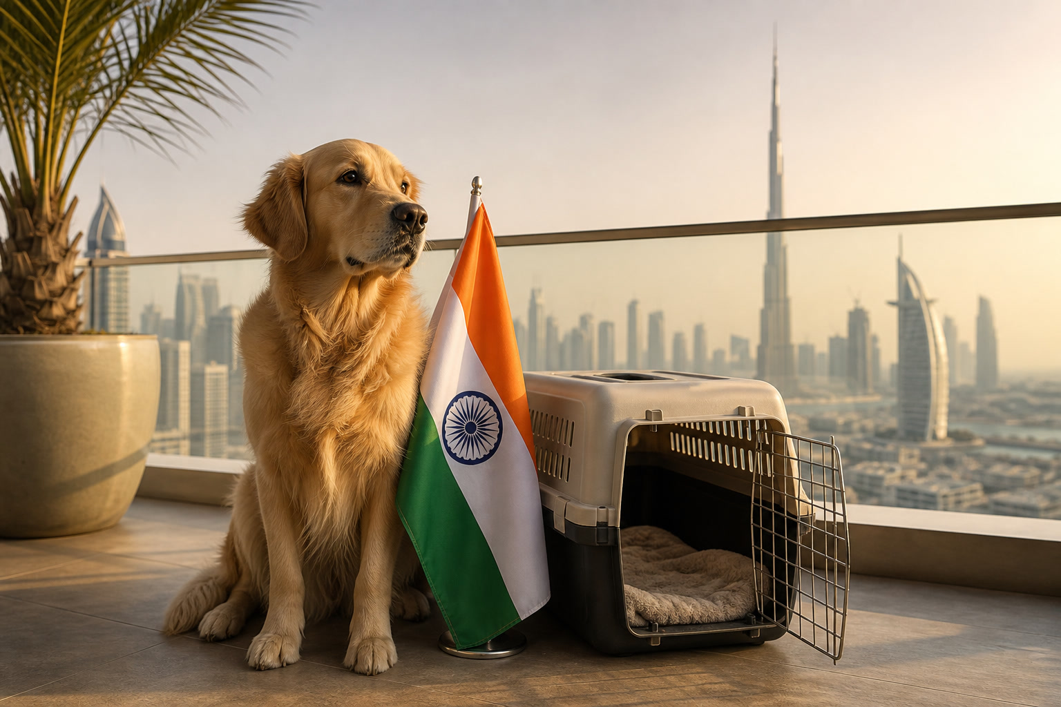 Dog with Indian flag cue ready for export from Dubai to India