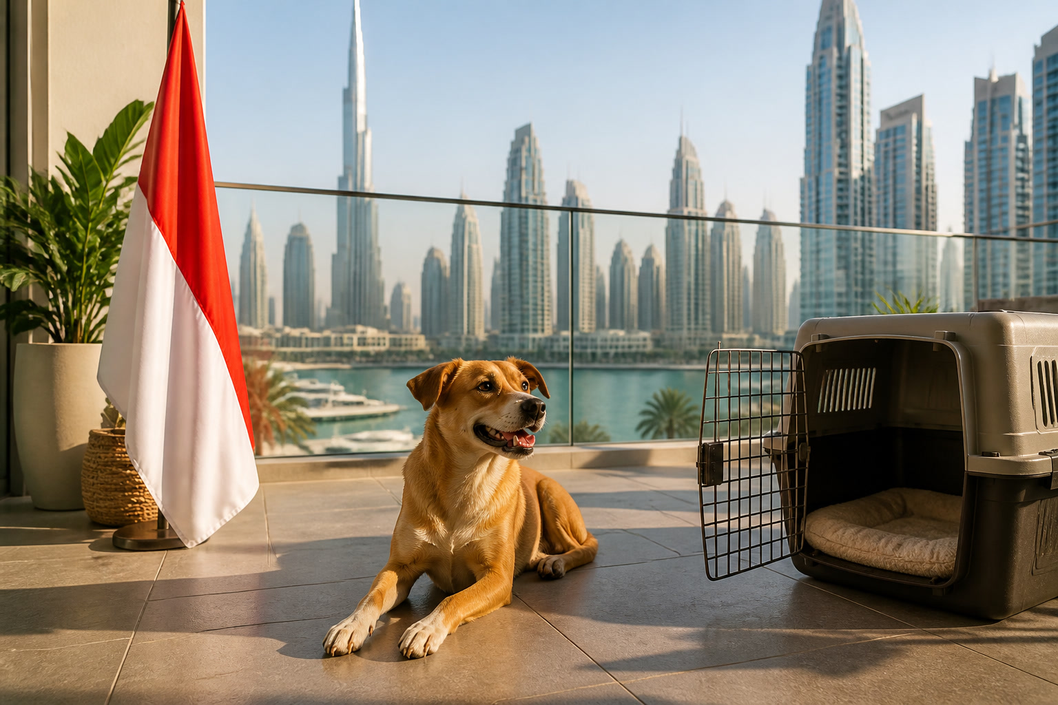 Dog with Indonesian flag cue ready for export from Dubai to Indonesia