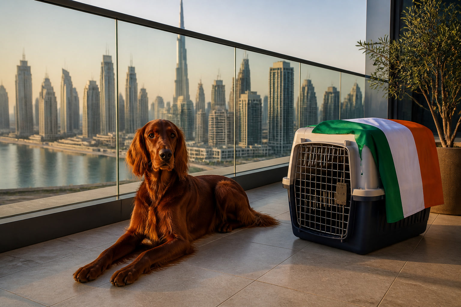 Dog with Irish flag cue ready for export from Dubai to Ireland