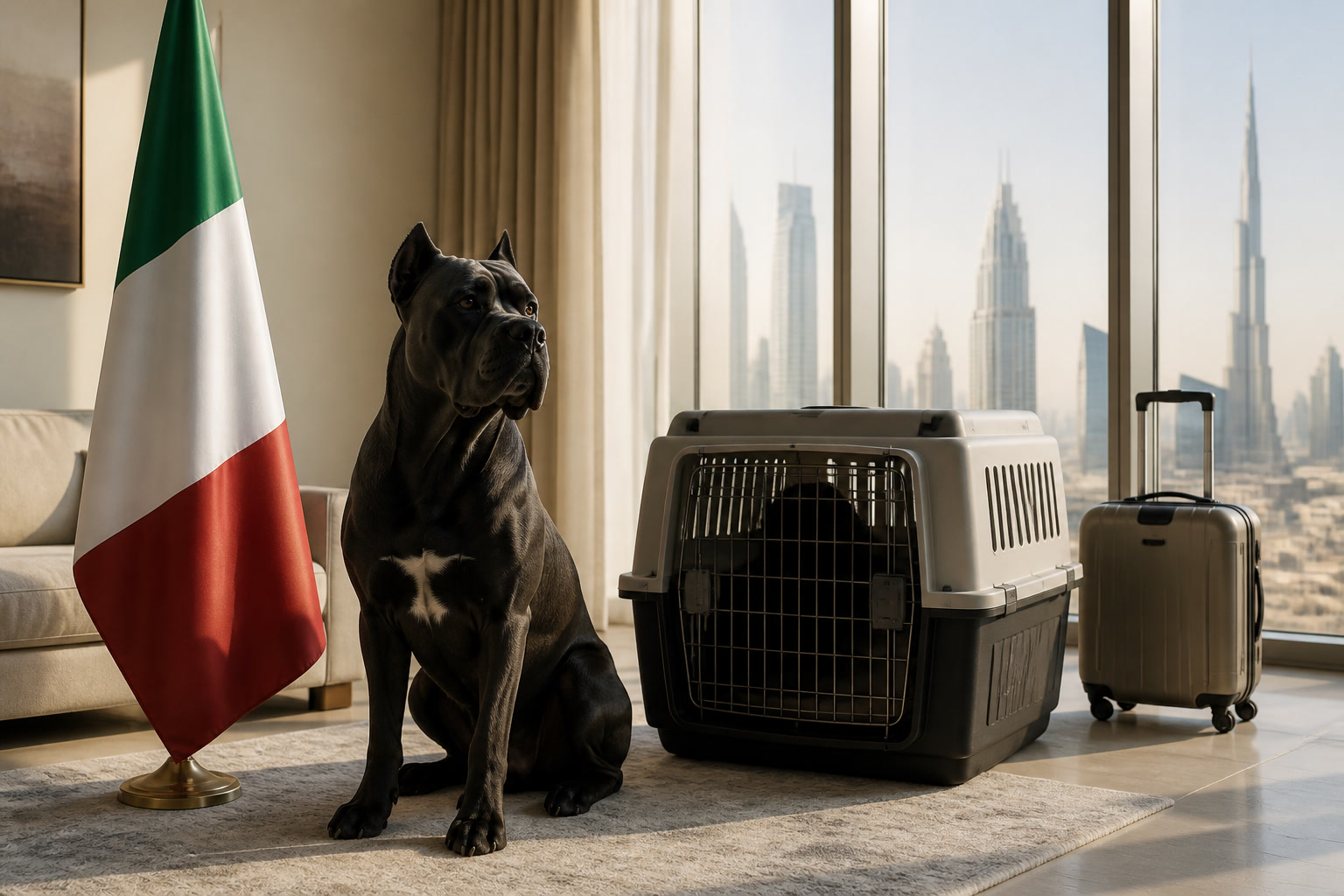 Dog with Italian flag cue ready for export from Dubai to Italy