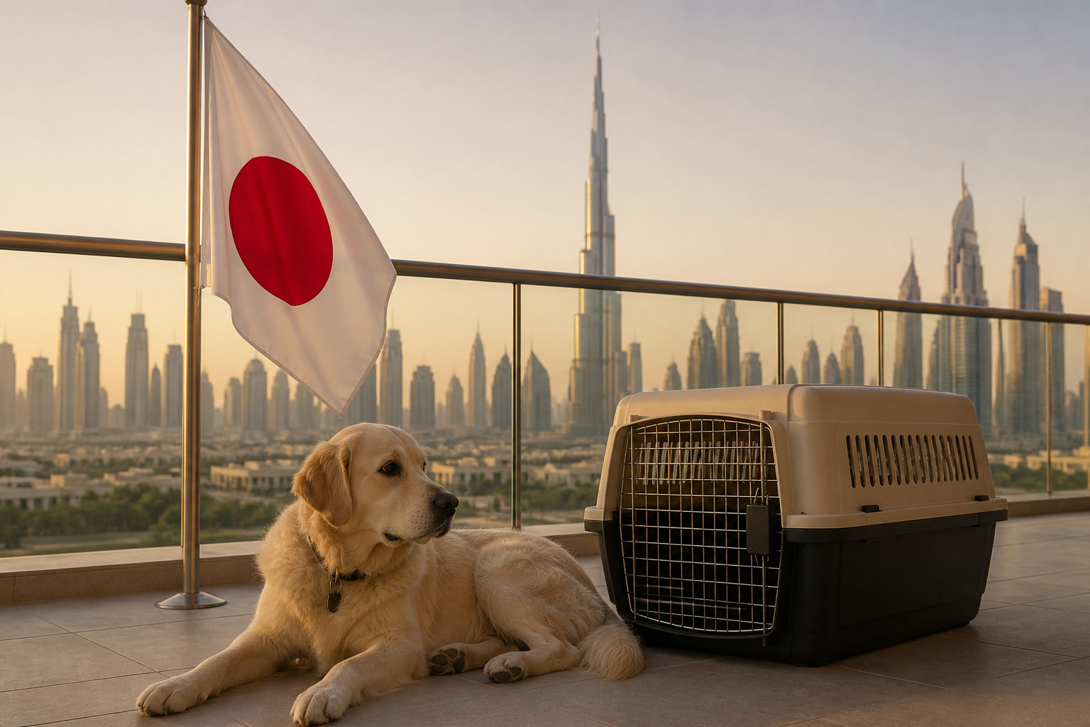 Dog with Japanese flag cue ready for export from Dubai to Japan