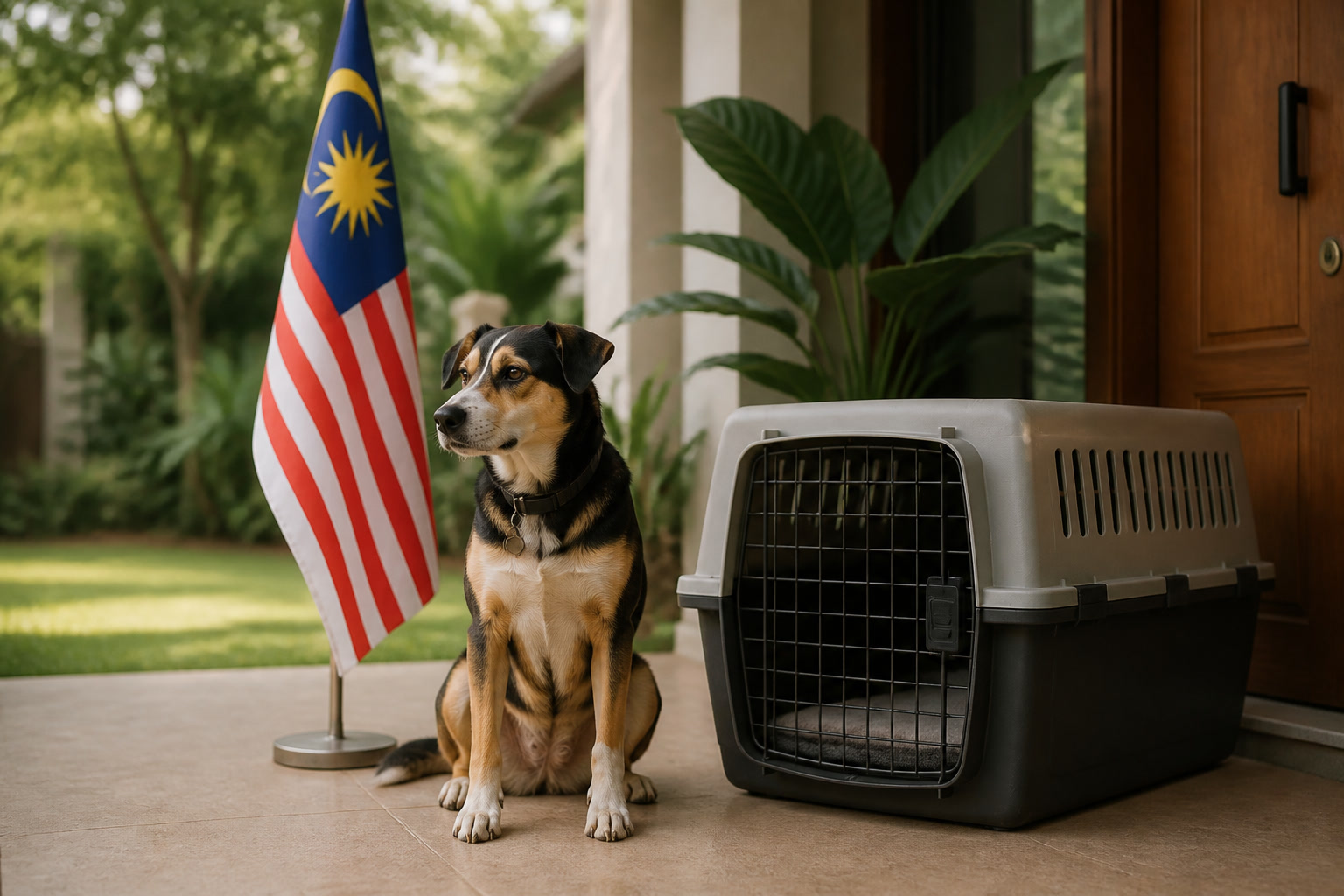 Dog with Malaysian flag cue ready for export from Dubai to Malaysia