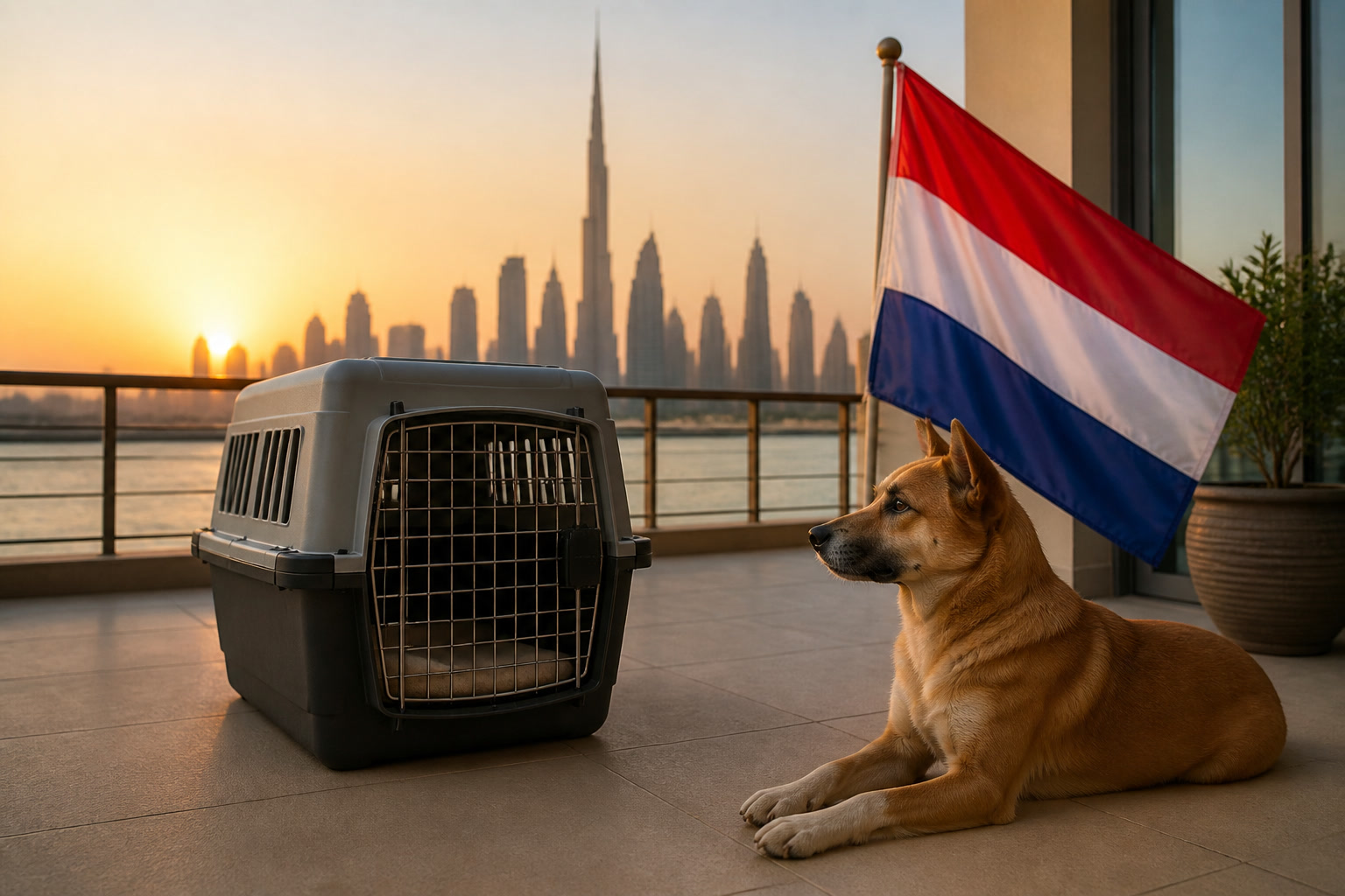 Dog with Dutch flag cue ready for export from Dubai to Amsterdam