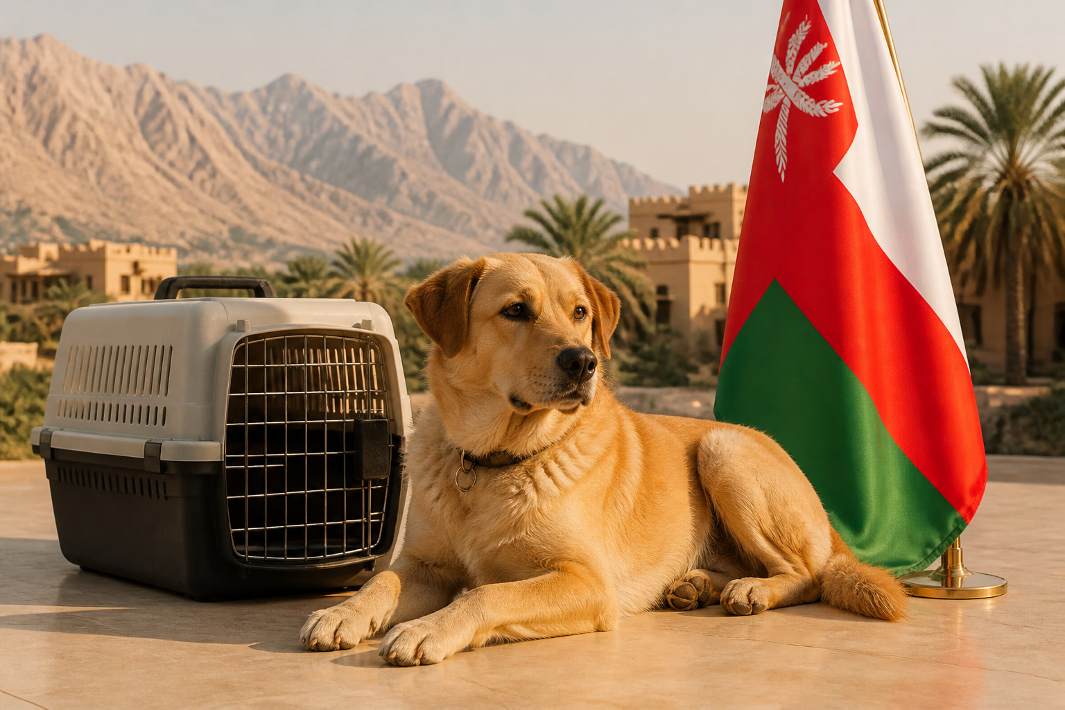 Dog with Omani flag cue ready for export from Dubai to Muscat