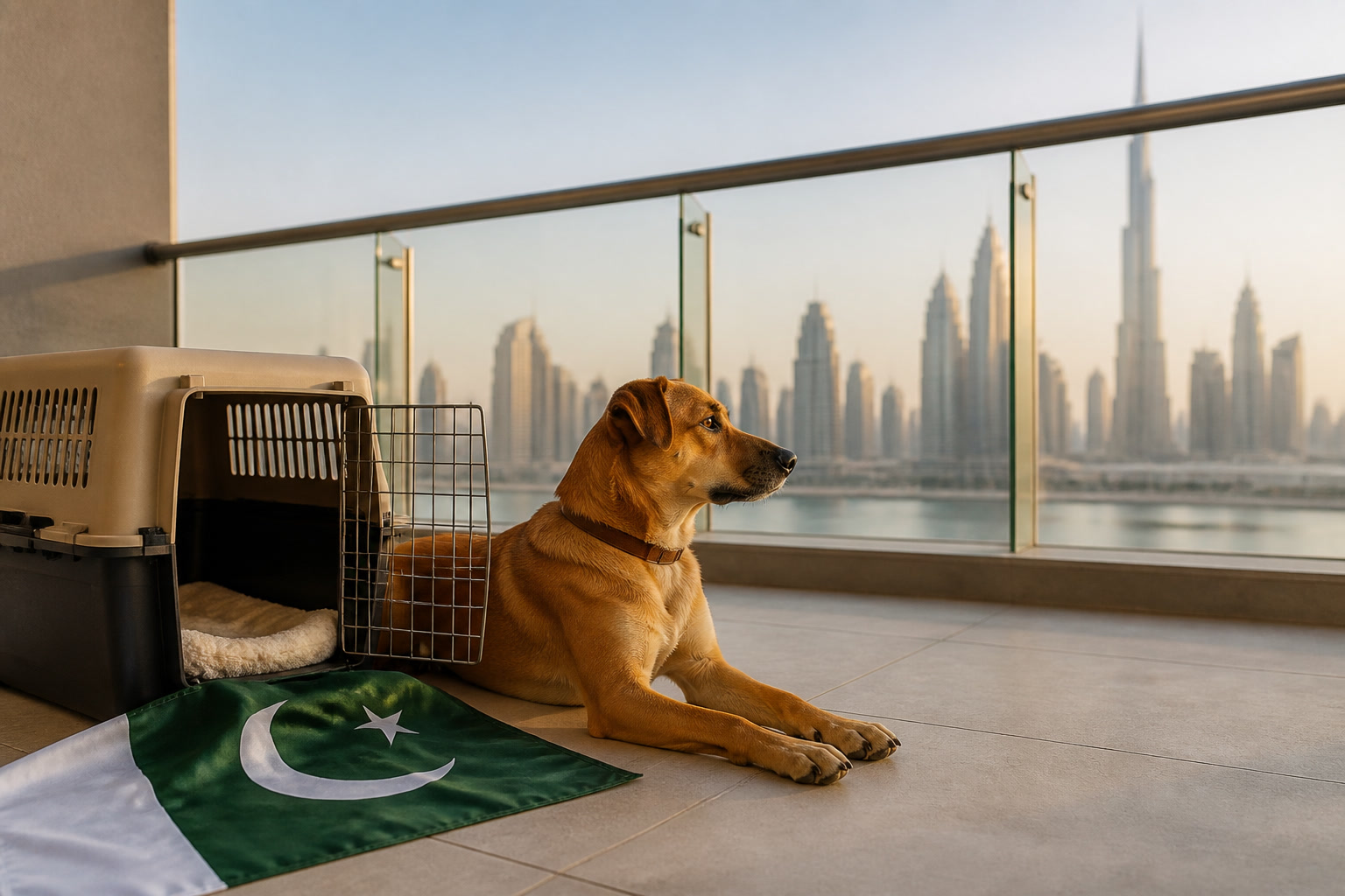 Dog with Pakistani flag cue ready for export from Dubai to Pakistan