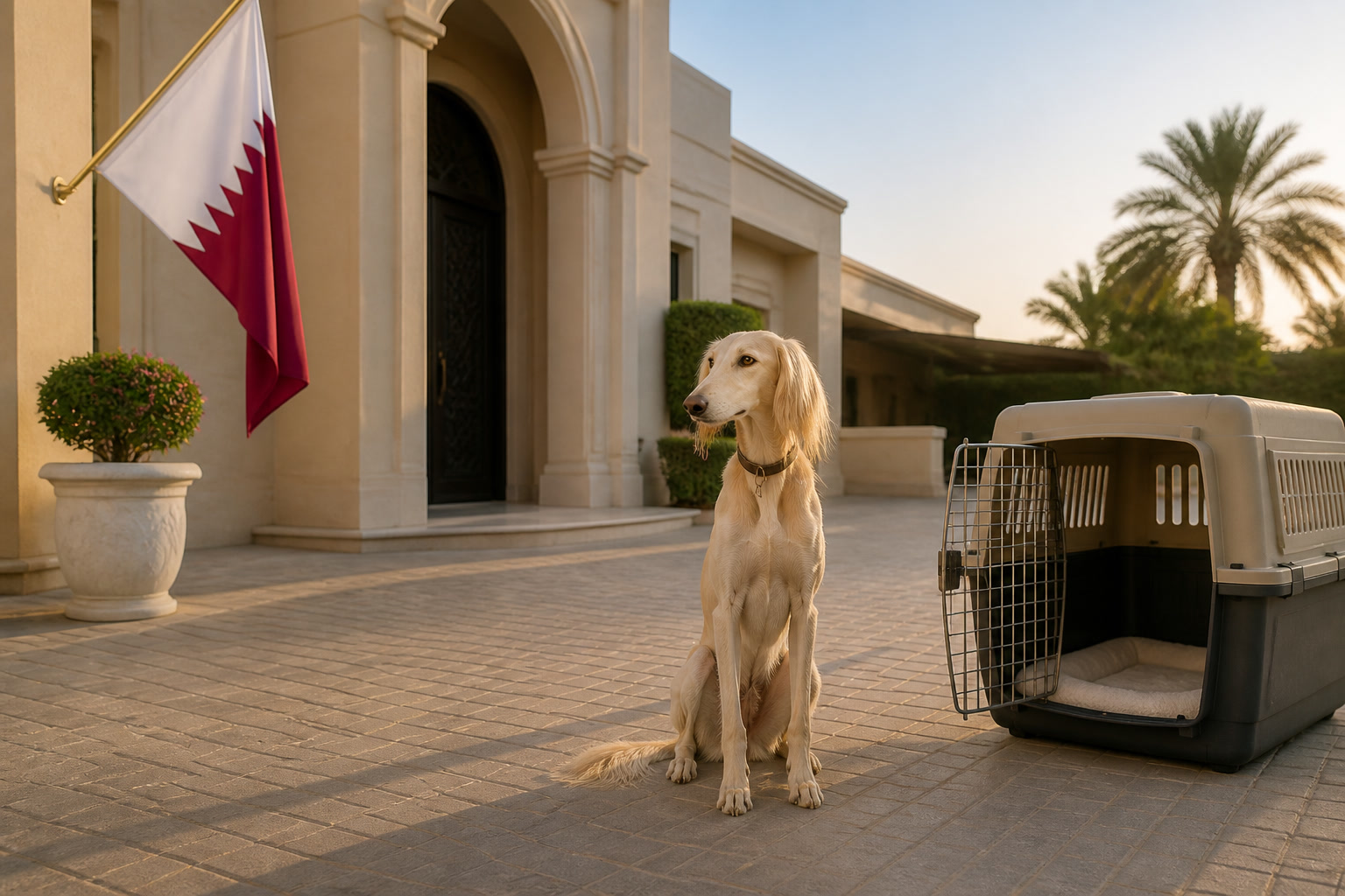 Dog with Qatari flag cue ready for export from Dubai to Doha