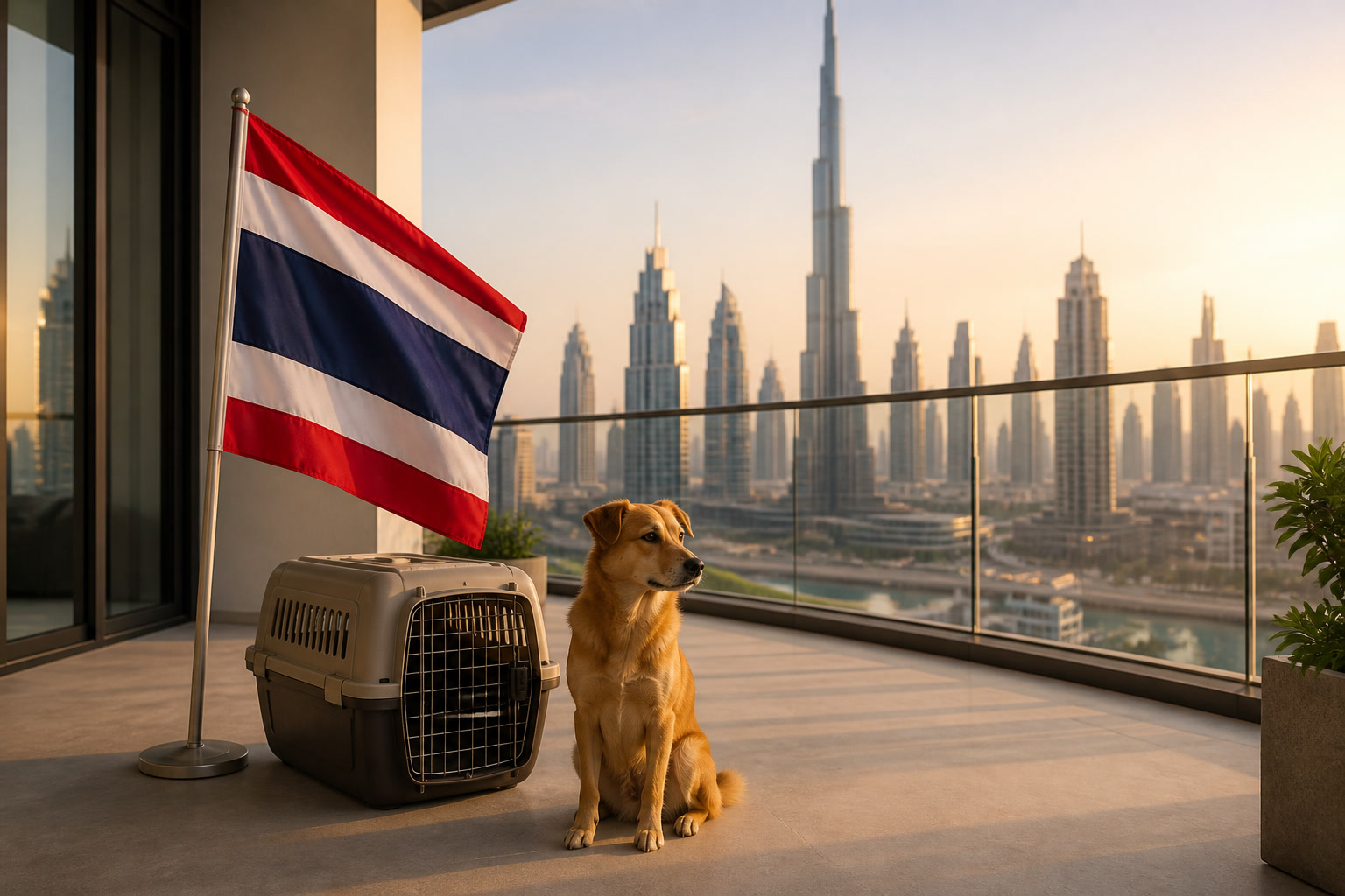 Dog with Thai flag cue ready for export from Dubai to Thailand