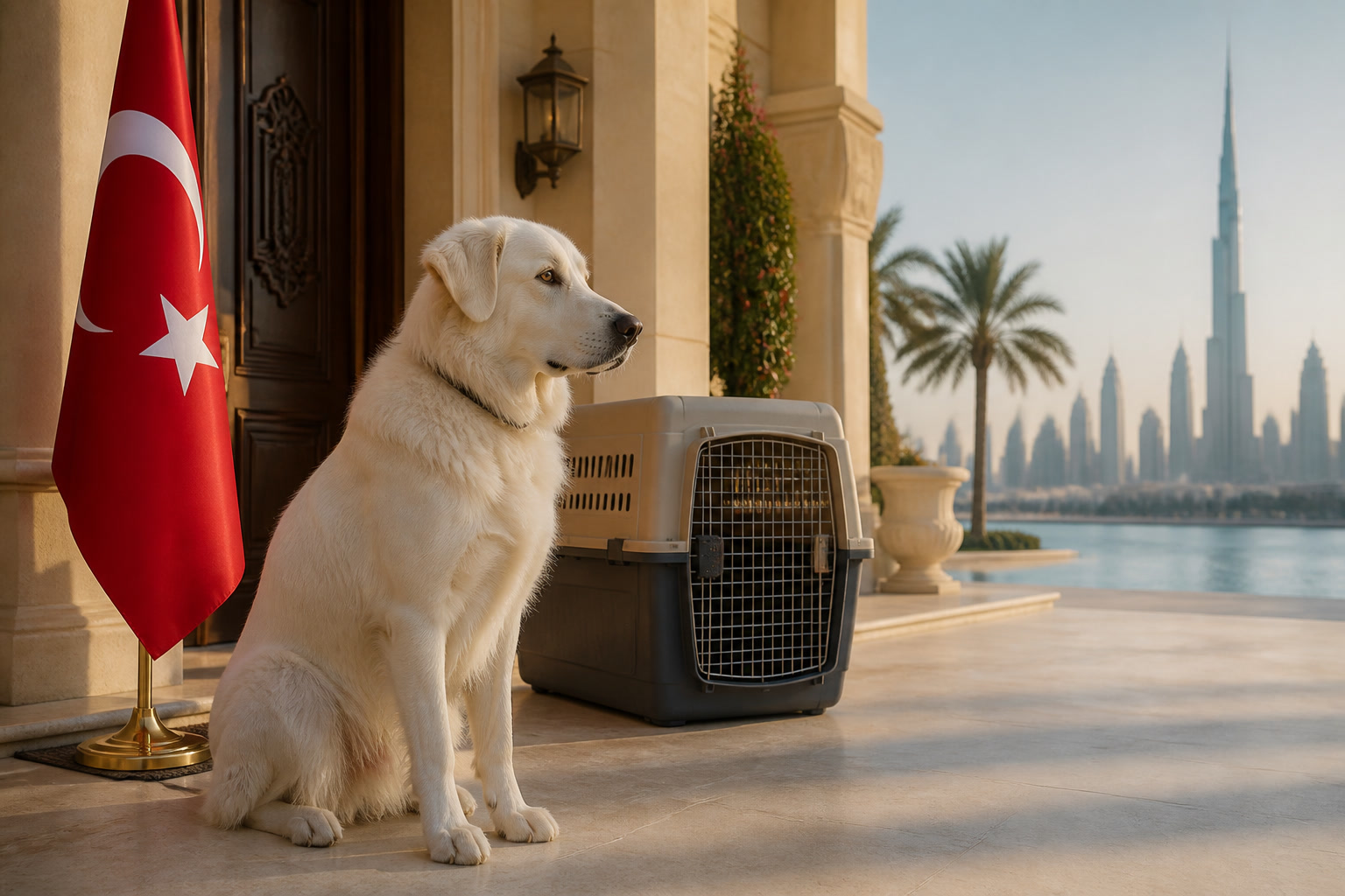Dog with Turkish flag cue ready for export from Dubai to Turkey