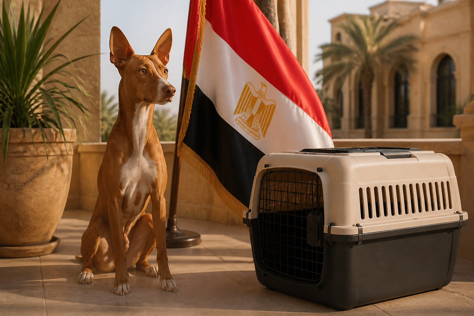 Dog with Egyptian flag cue ready for pet relocation from Egypt to Dubai