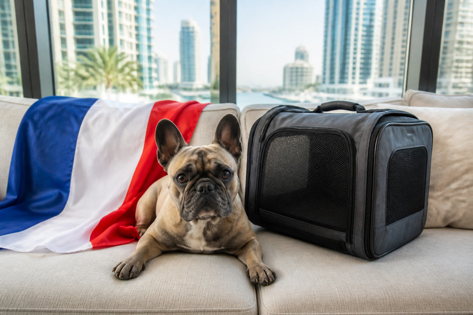 Dog with French flag cue ready for pet relocation from France to Dubai