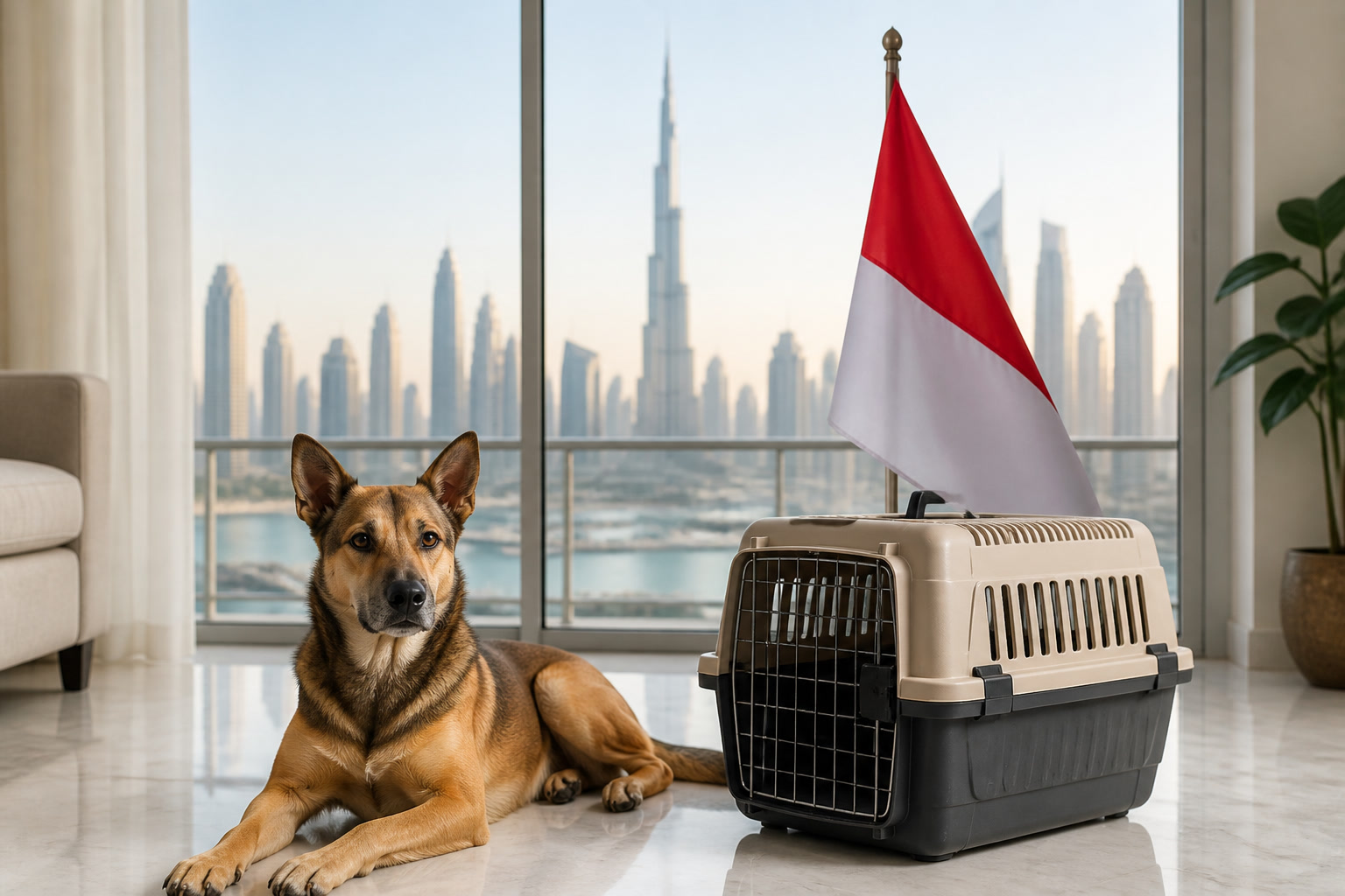 Dog with Indonesian flag cue ready for pet relocation from Indonesia to Dubai