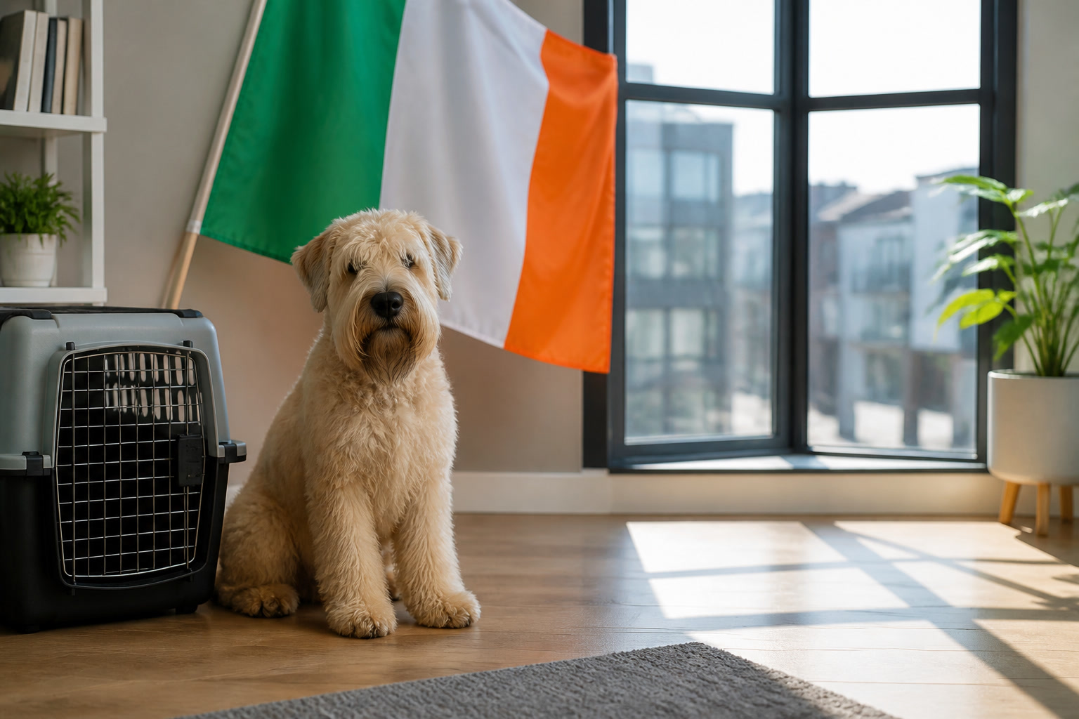 Dog with Irish flag cue ready for pet relocation from Ireland to Dubai