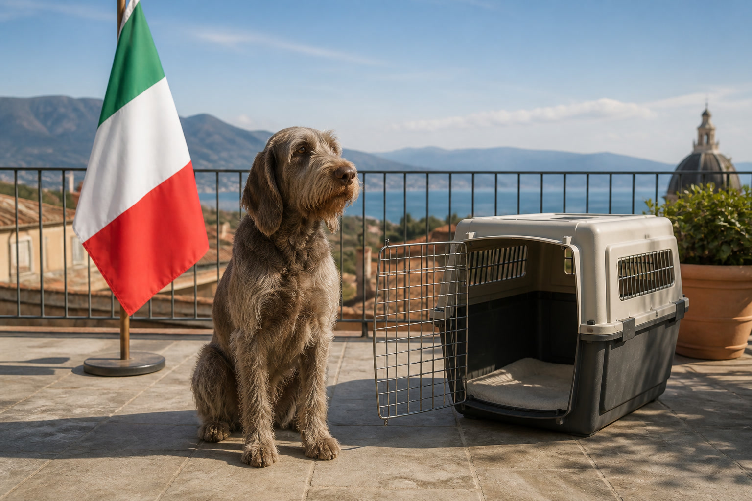 Dog with Italian flag cue ready for pet relocation from Italy to Dubai