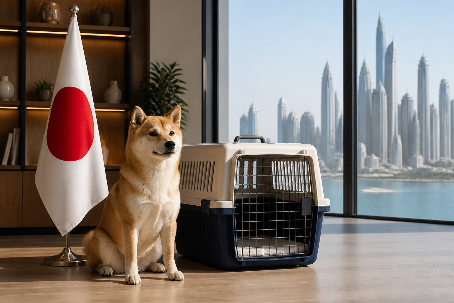 Dog with Japanese flag cue ready for pet relocation from Japan to Dubai