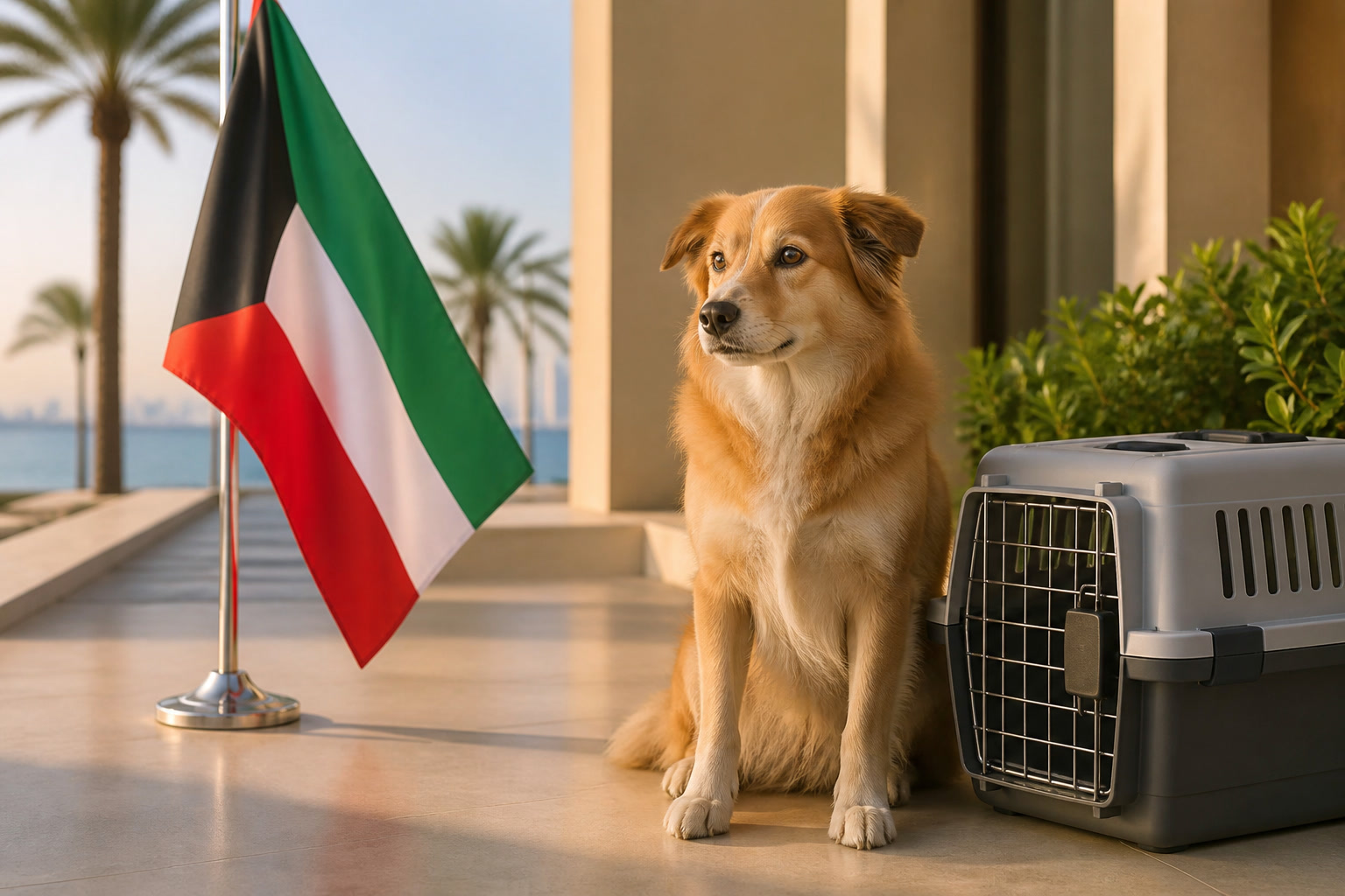 Dog with Kuwaiti flag cue ready for pet relocation from Kuwait to Dubai