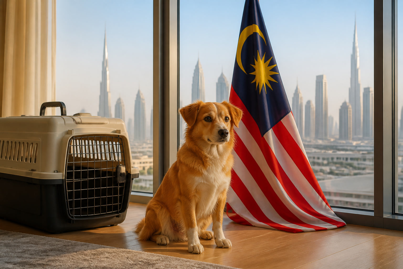 Dog with Malaysian flag cue ready for pet relocation from Malaysia to Dubai