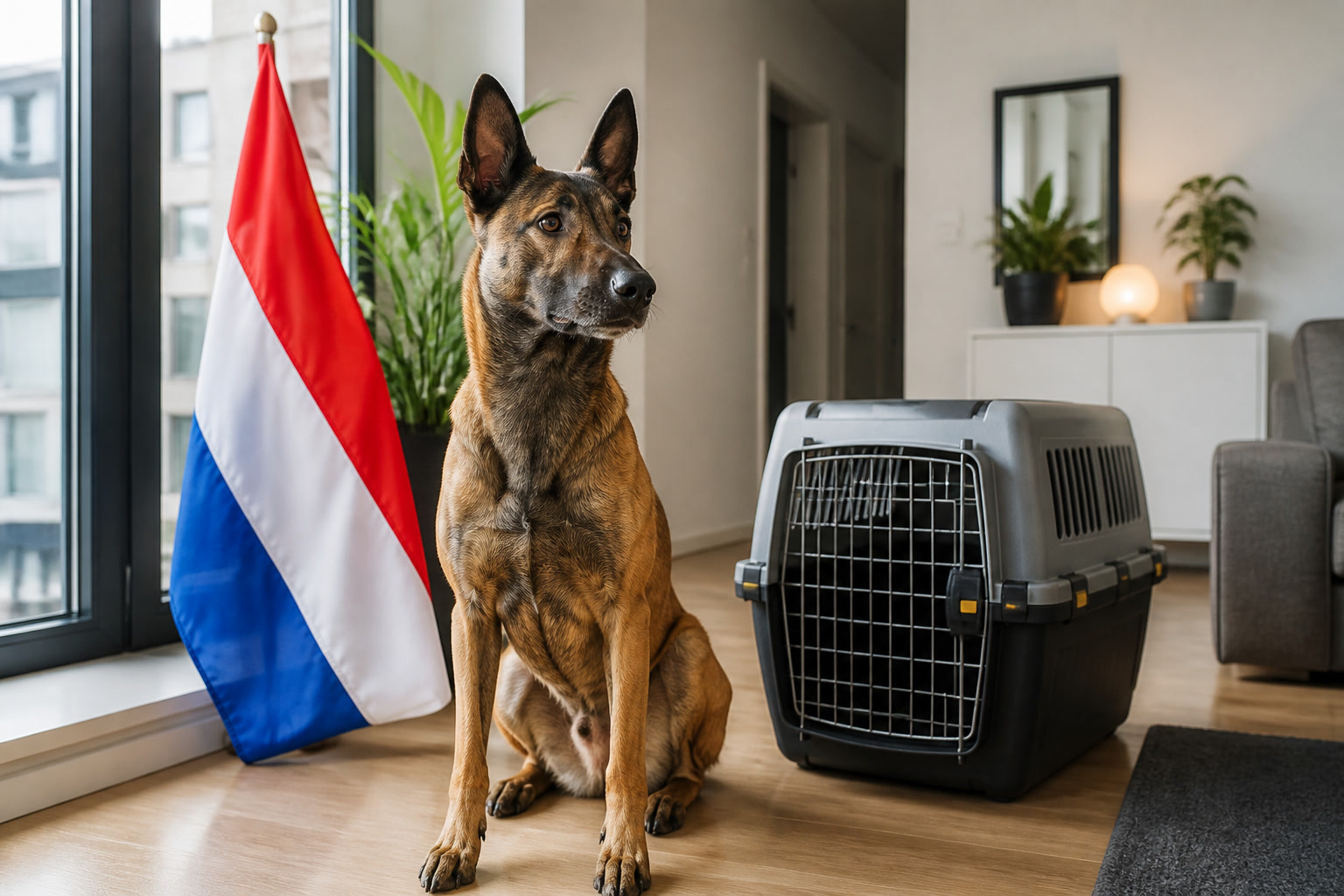 Dog with Dutch flag cue ready for pet relocation from Amsterdam to Dubai