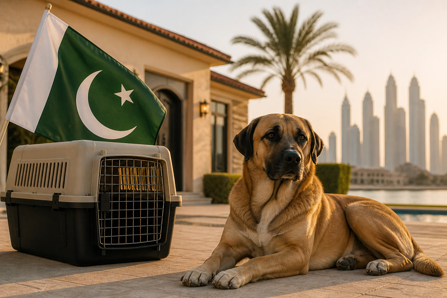Dog with Pakistani flag cue ready for pet relocation from Pakistan to Dubai