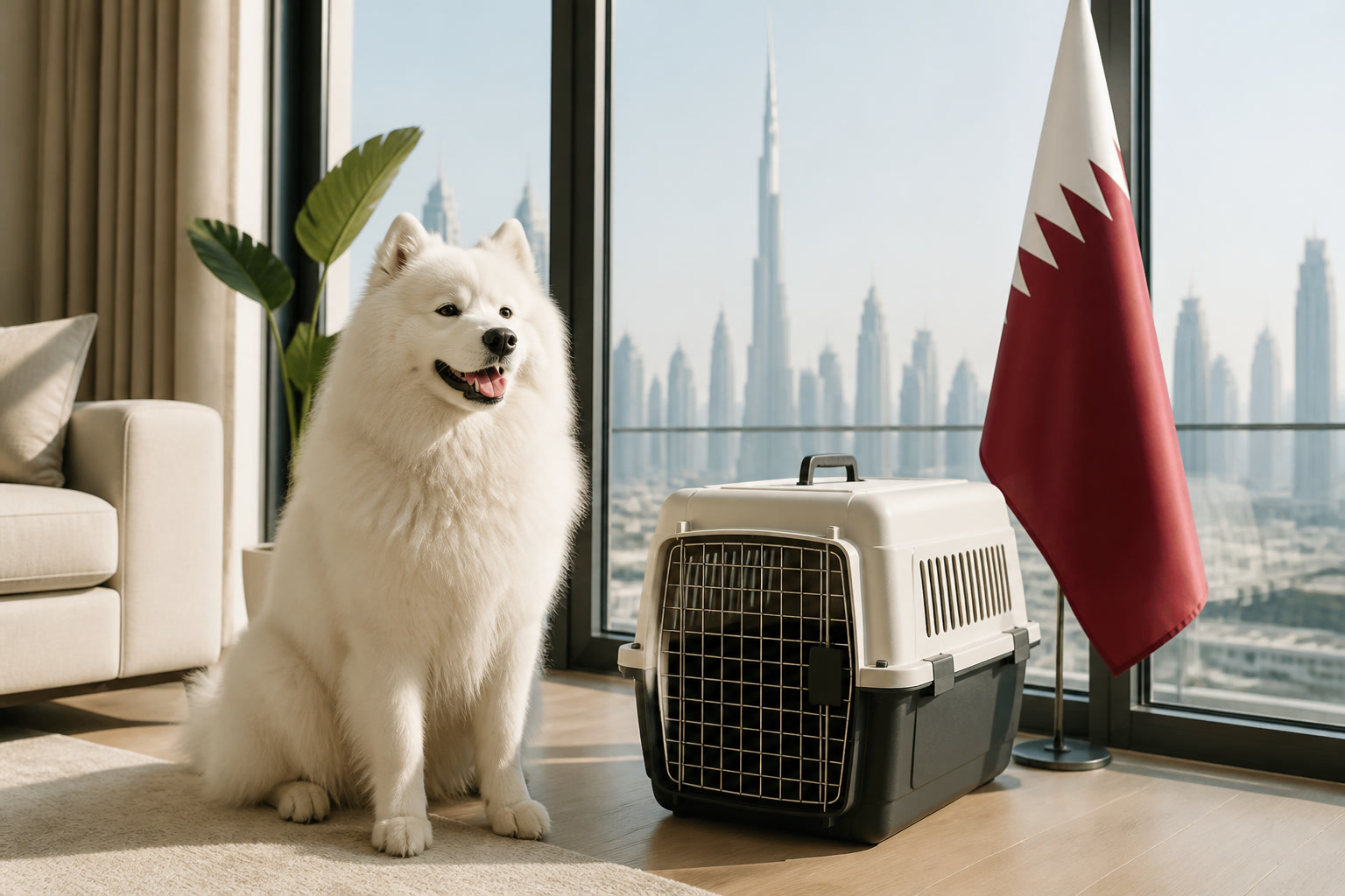 Dog with Qatari flag cue ready for pet relocation from Doha to Dubai