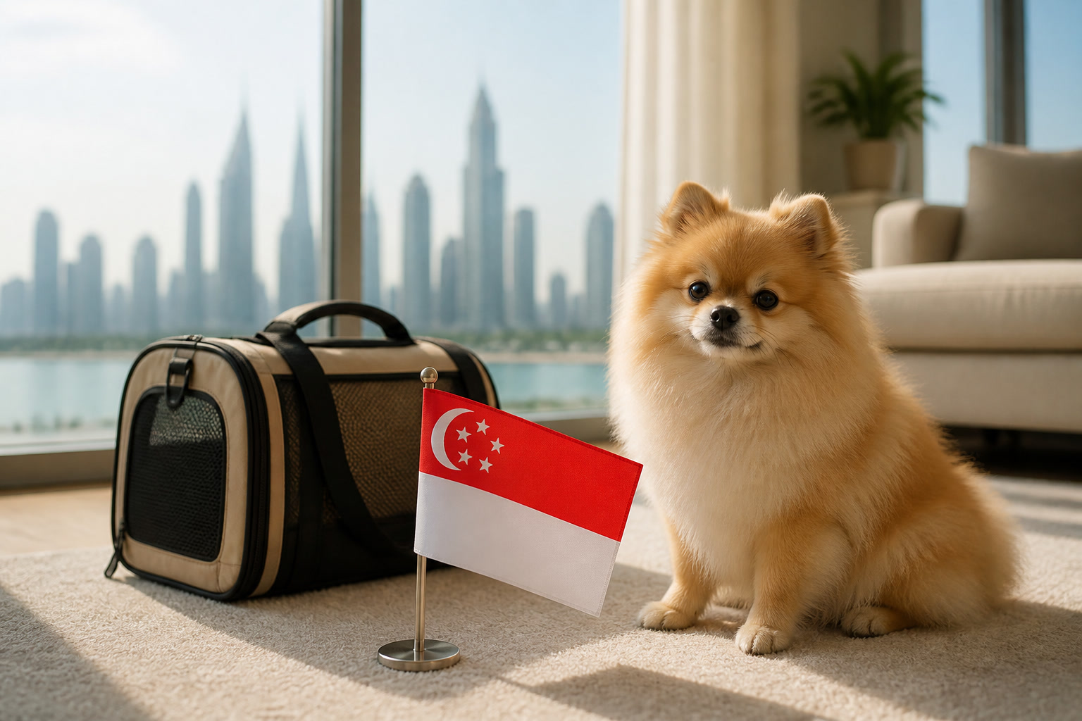Dog with Singapore flag cue ready for pet relocation from Singapore to Dubai