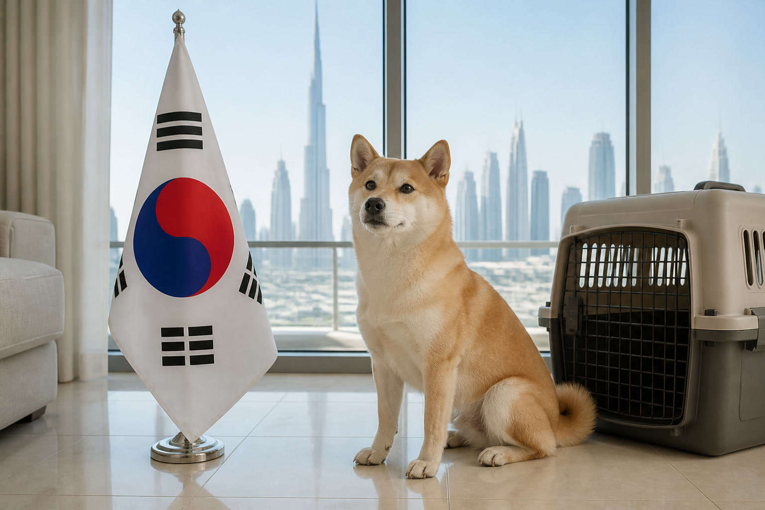 Dog with Korean flag cue ready for pet relocation from South Korea to Dubai