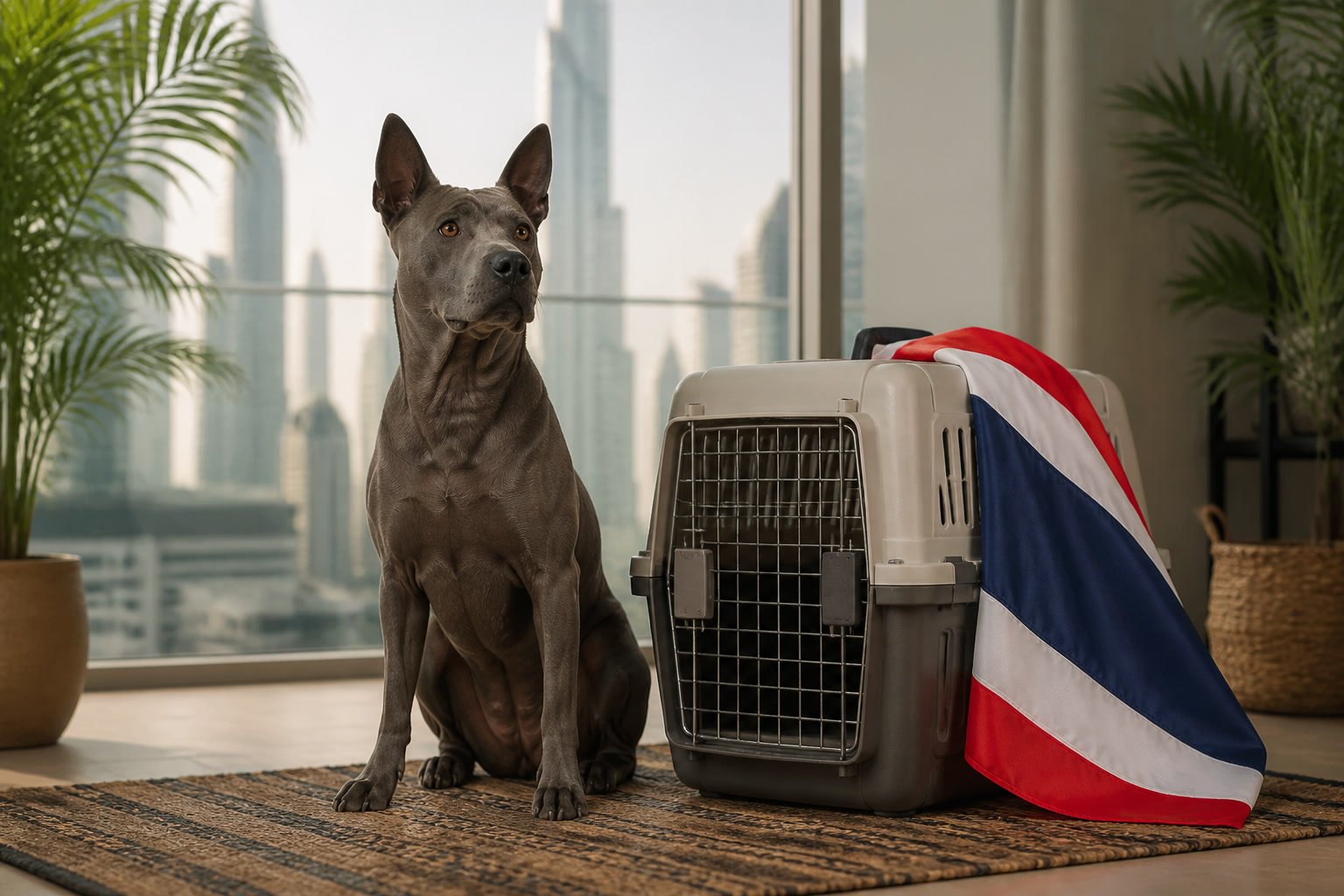 Dog with Thai flag cue ready for pet relocation from Thailand to Dubai