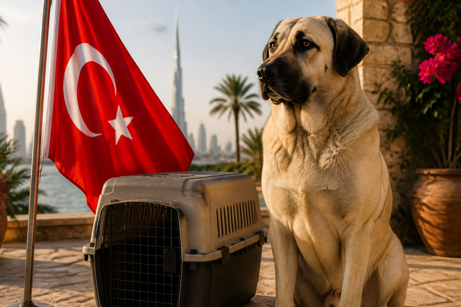 Dog with Turkish flag cue ready for pet relocation from Turkey to Dubai