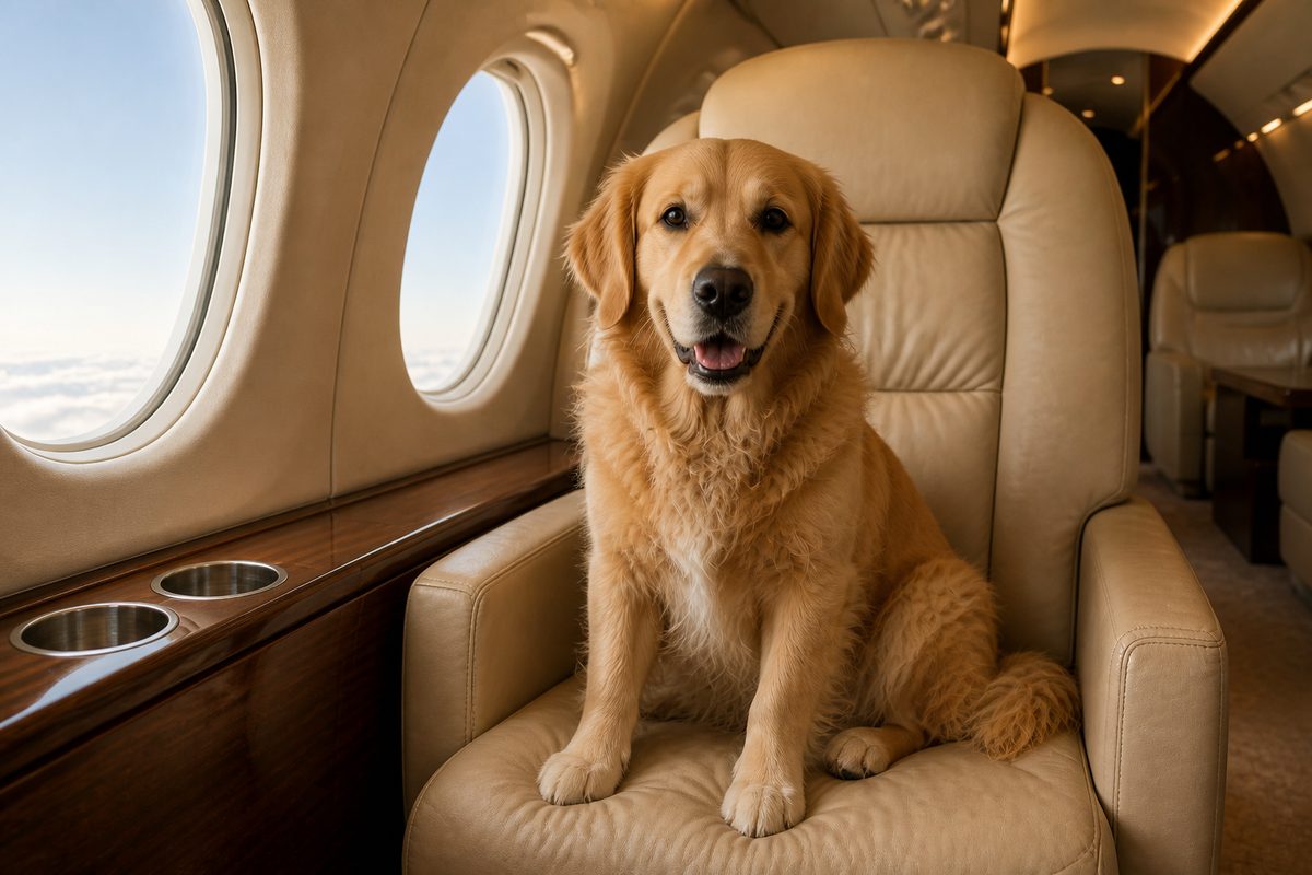 A dog sitting on a leather seat inside a private jet cabin for dedicated-jet pet travel from Dubai