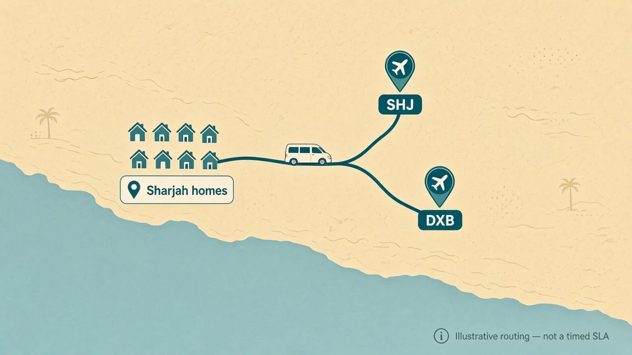 Pet transport routing between Sharjah, DXB and Sharjah International Airport