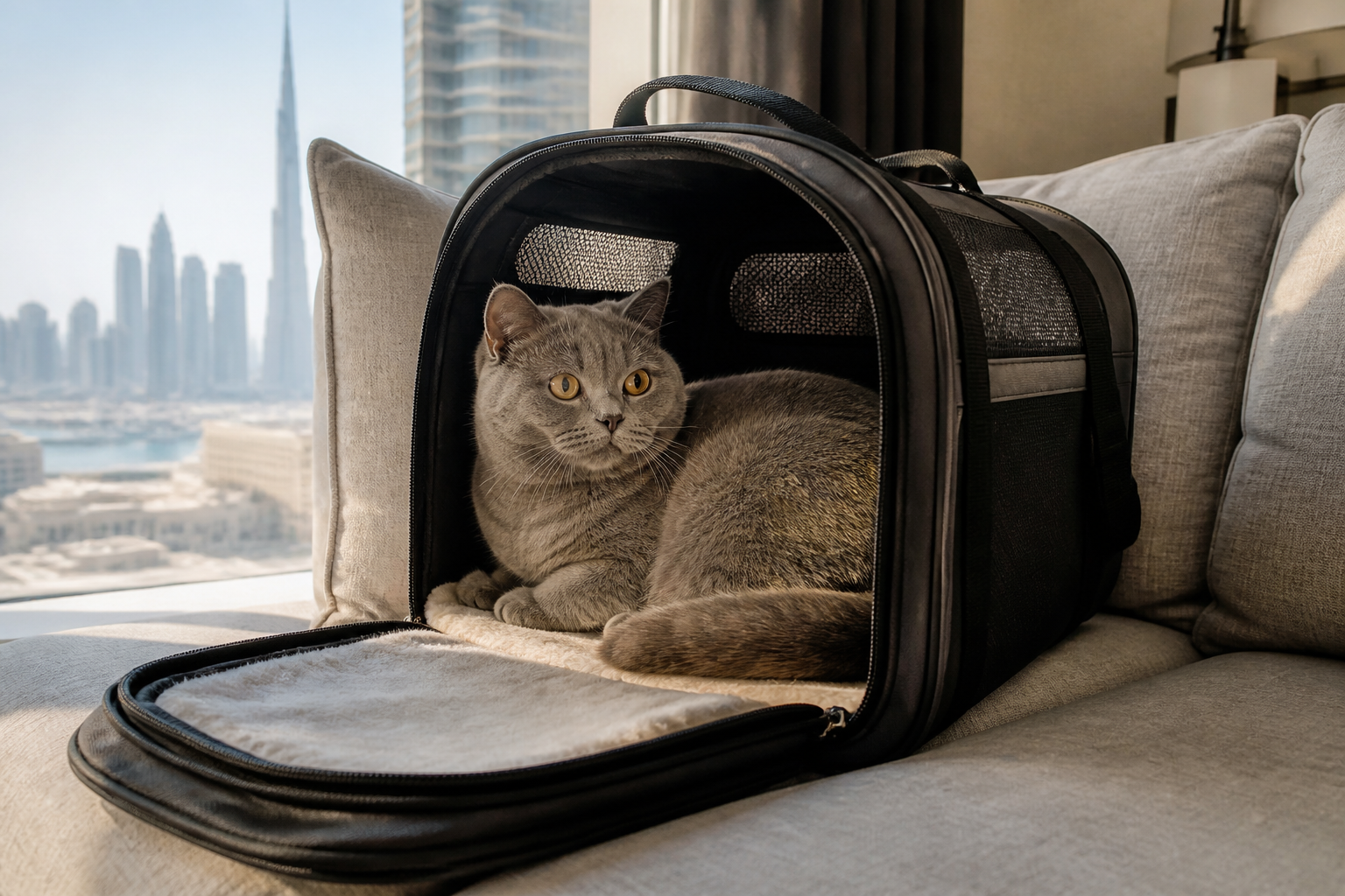 A cat in a soft travel carrier, the kind of under-seat carrier used for Etihad in-cabin pet travel