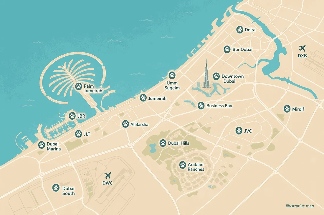 Map of Dubai communities covered for pet relocation, from Dubai Marina to Mirdif and Dubai South