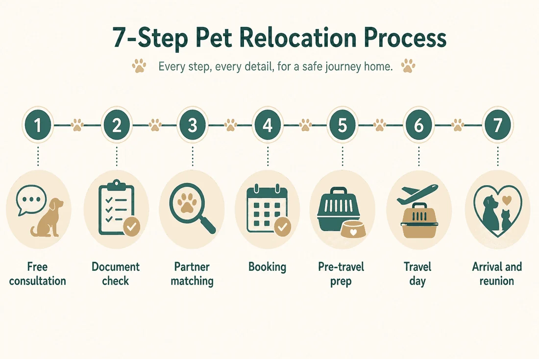 Diagram of the 7-step Dubai pet relocation process from eligibility check to home reunion
