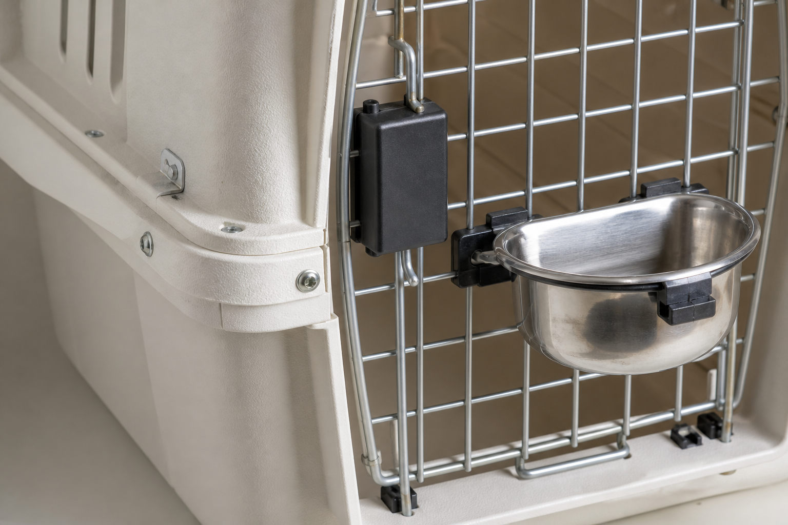 Close-up of IATA crate hardware used for manifest pet cargo bookings through Dubai