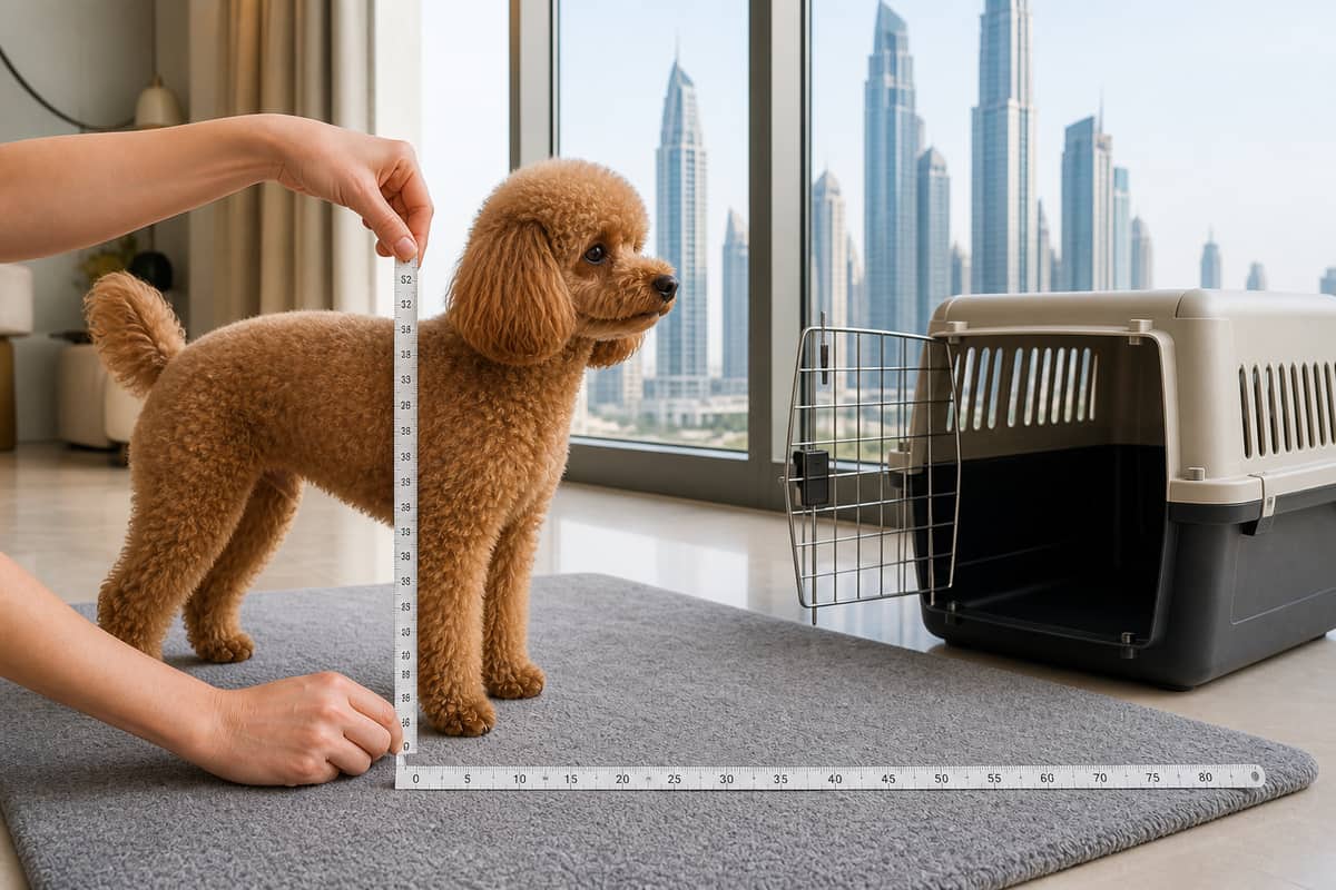 Hands measuring a toy poodle with a tape for IATA crate sizing before a Dubai pet relocation