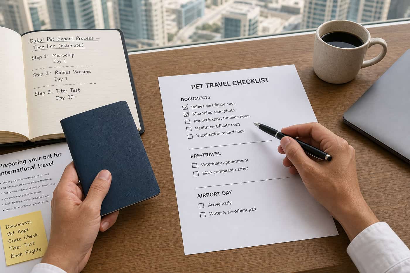 Hands reviewing a pet travel checklist for a MOCCAE permit application