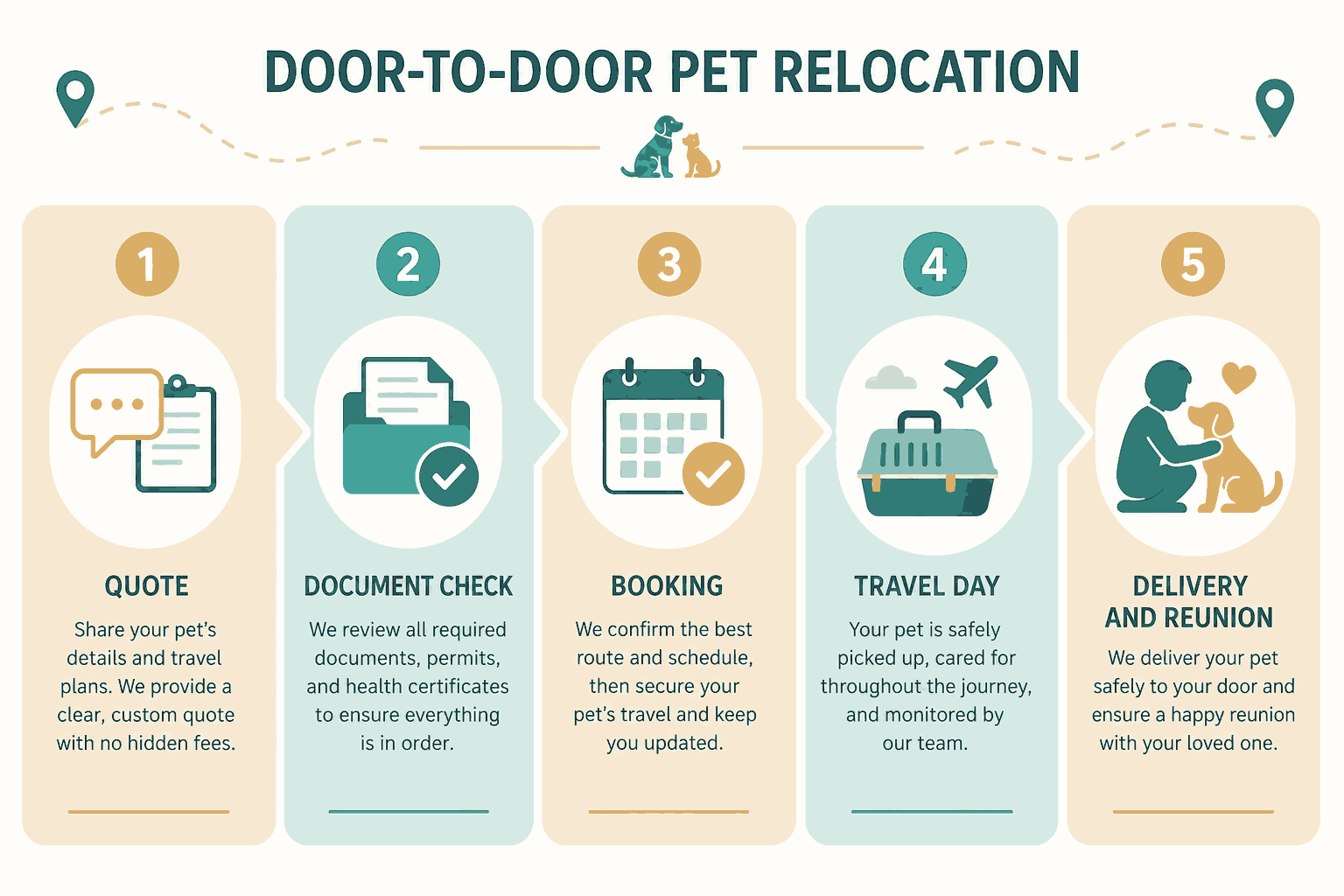 Five-stage pet relocation process in Dubai: quote, documents, booking, travel day, delivery