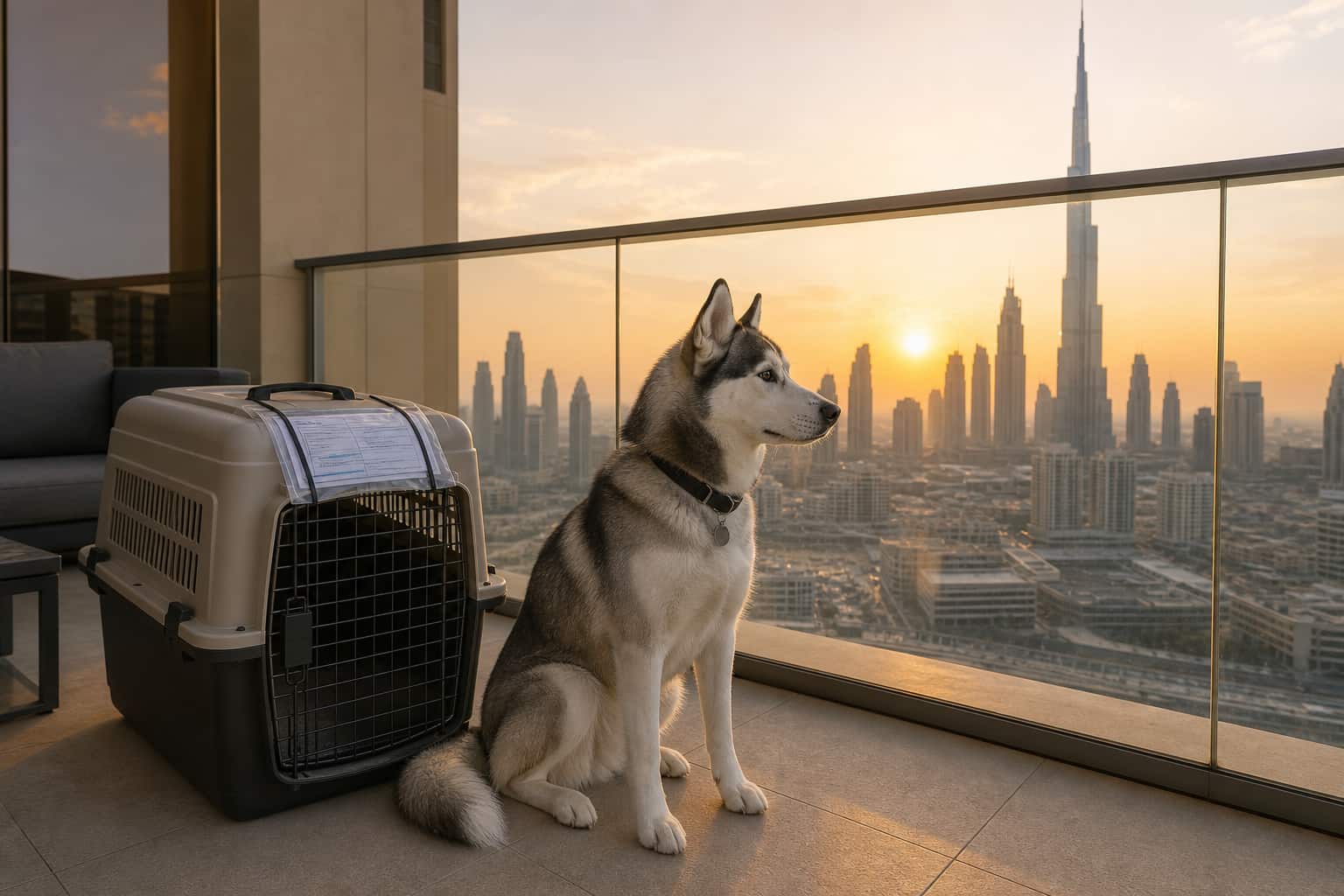 Husky sitting beside a packed travel crate on a Dubai balcony before relocating from Dubai