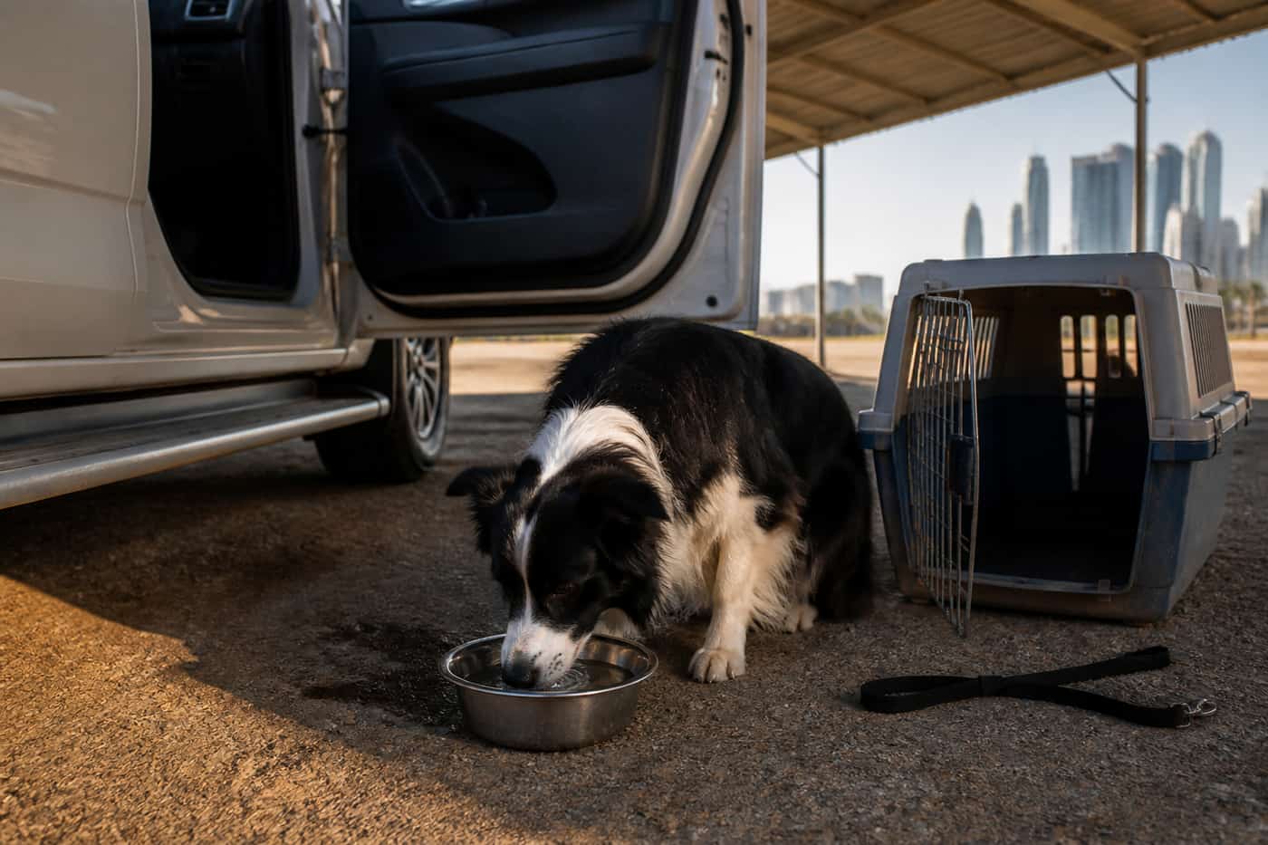 Border collie drinking water at a shaded rest stop on a UAE pet transport journey